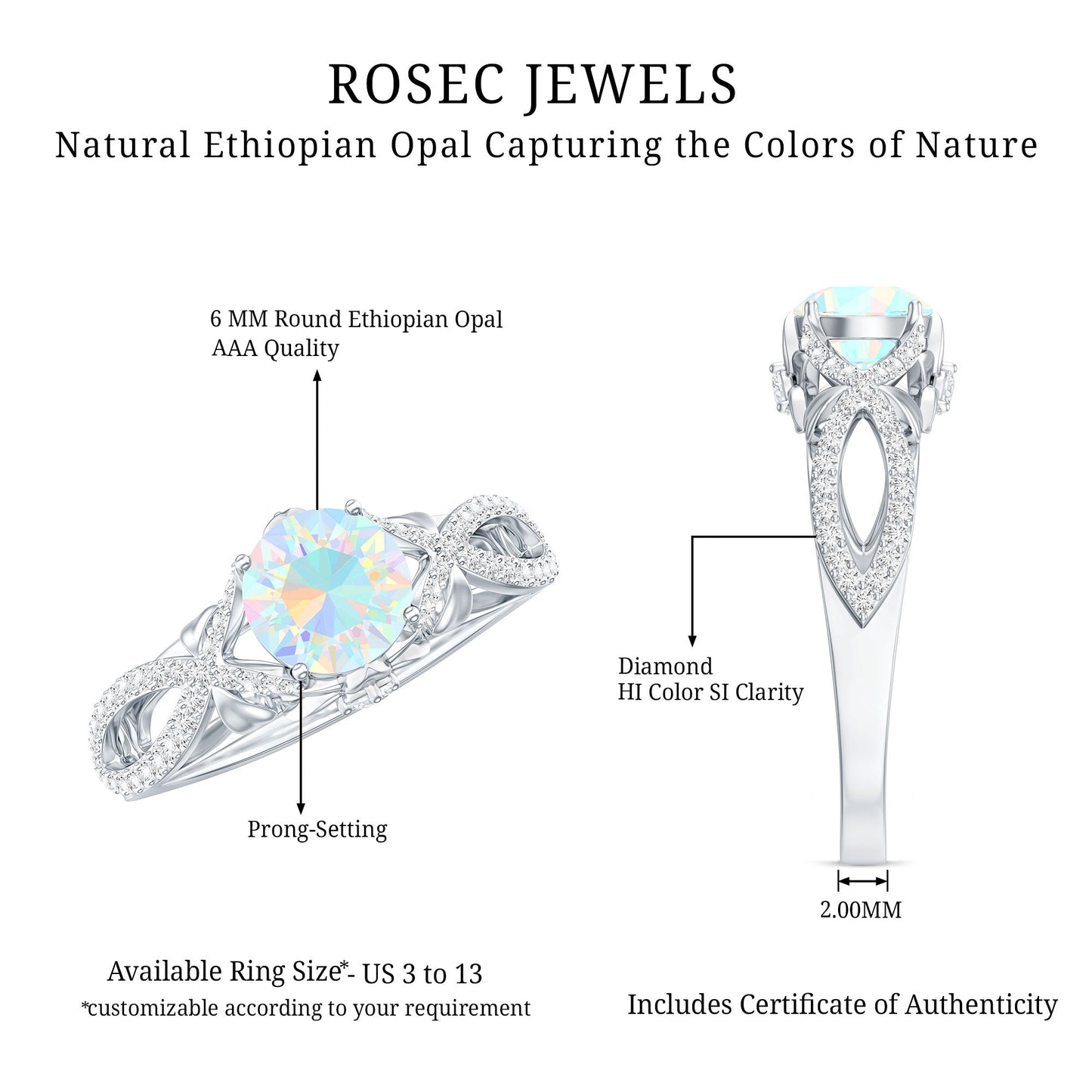 Ethiopian Opal and Diamond Engagement Ring with Crossover Shank