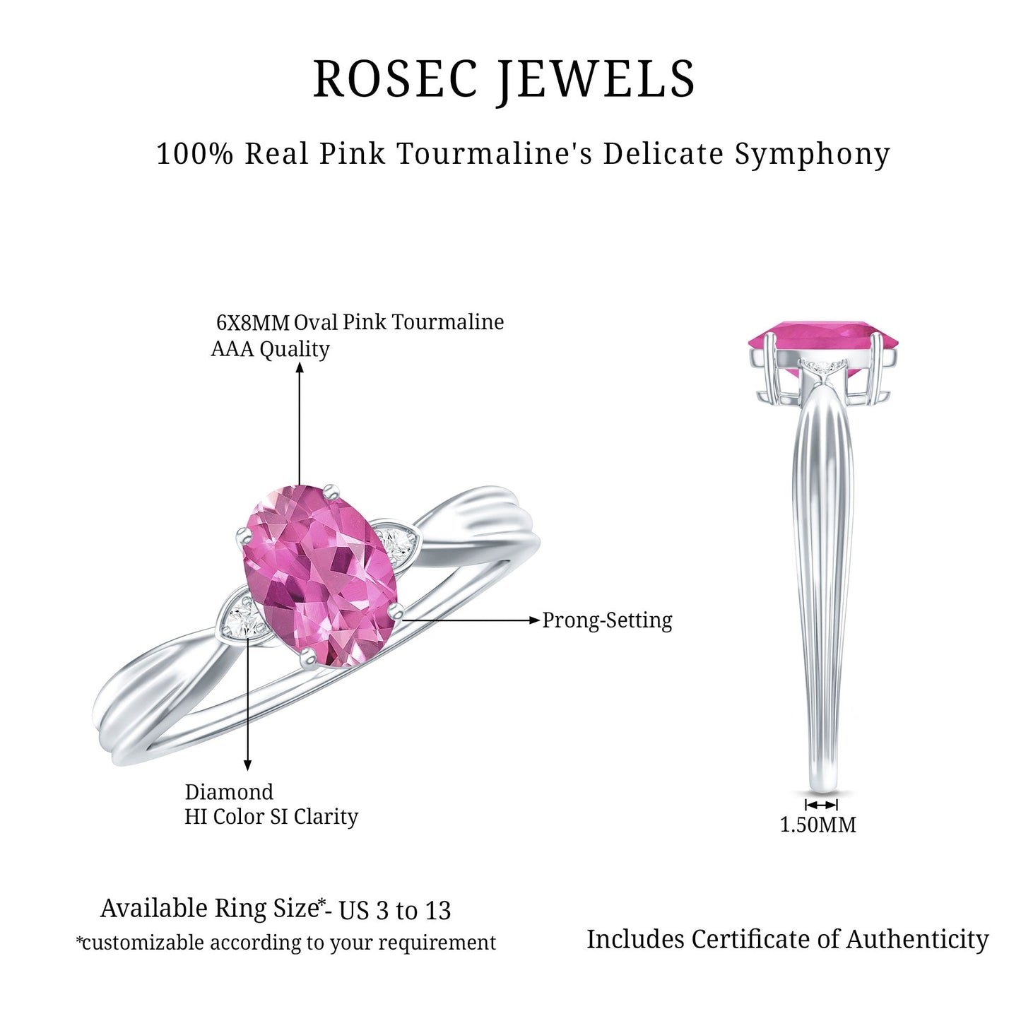 Oval Shape Pink Tourmaline Solitaire Ring with Diamond