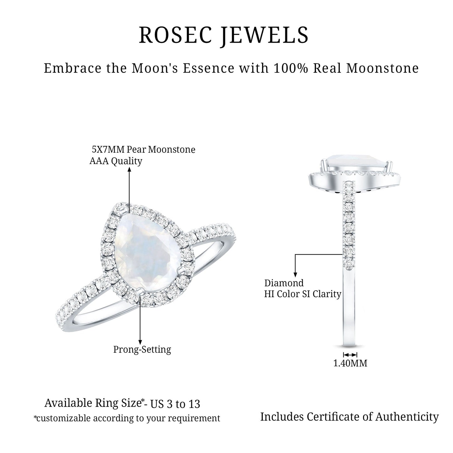 0.8 Carat Pear Cut Moonstone Engagement Ring with Diamond Accent