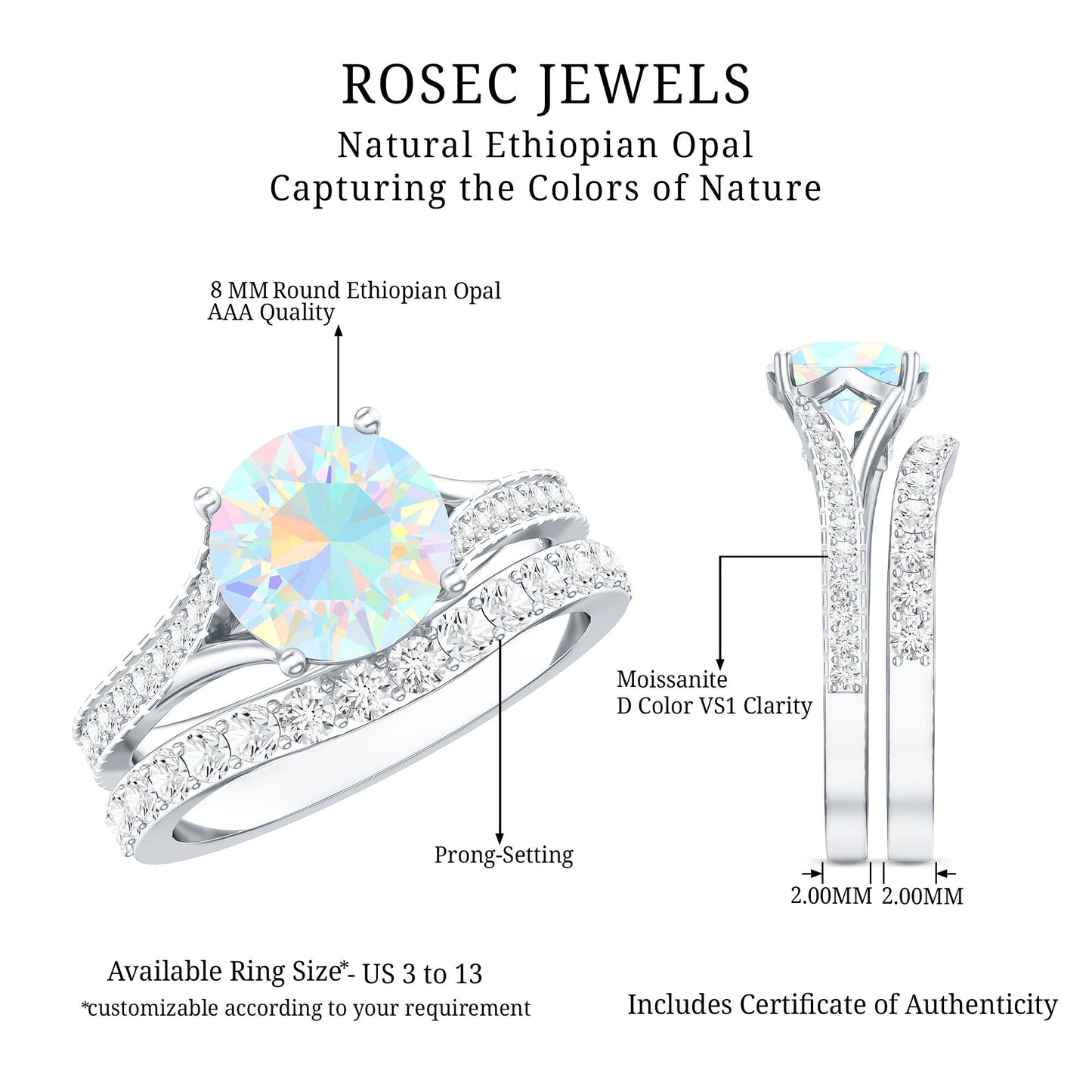 Natural Ethiopian Opal Split Shank Engagement Ring with Wedding Band