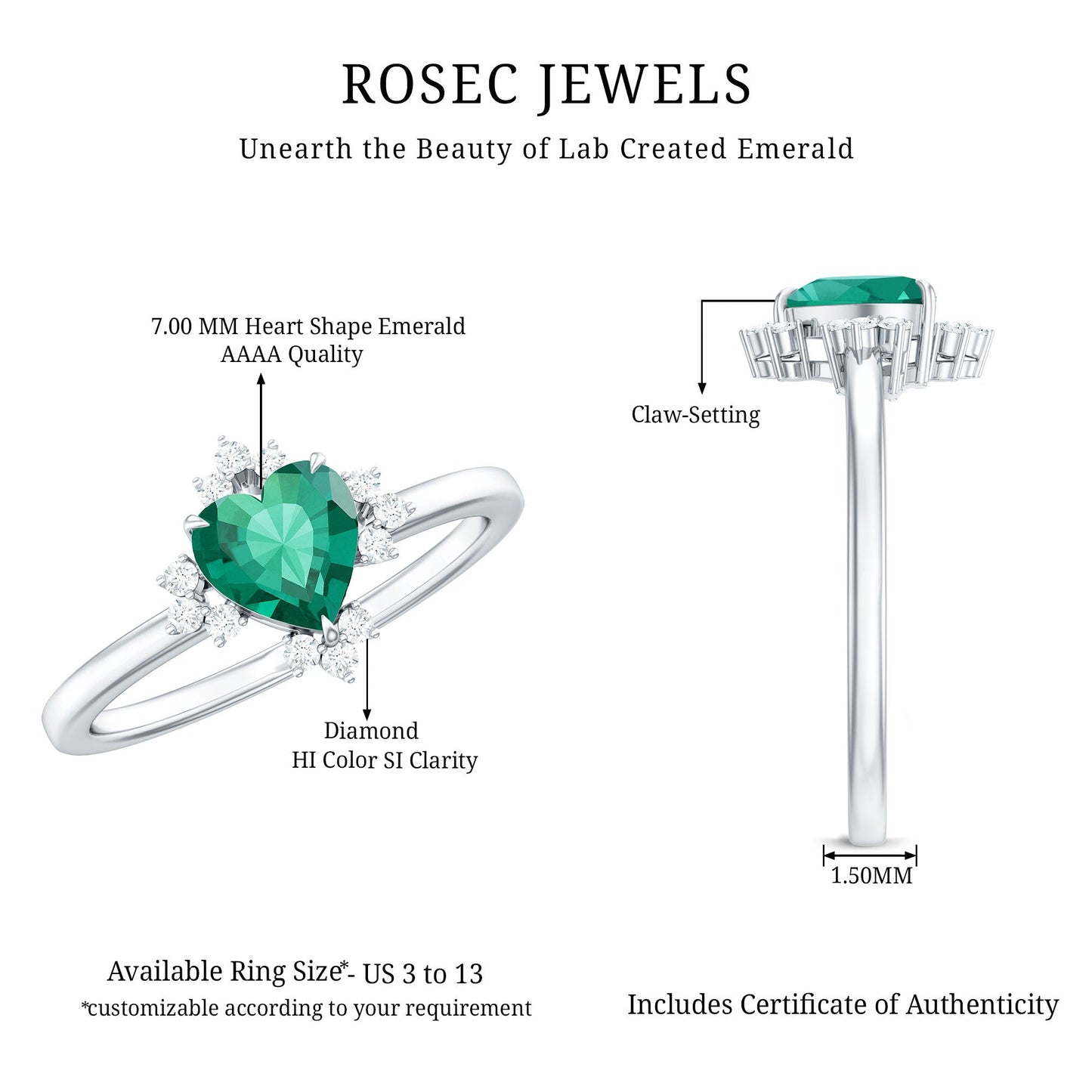 Certified Lab Grown Emerald Heart Shaped Promise Ring with Diamond