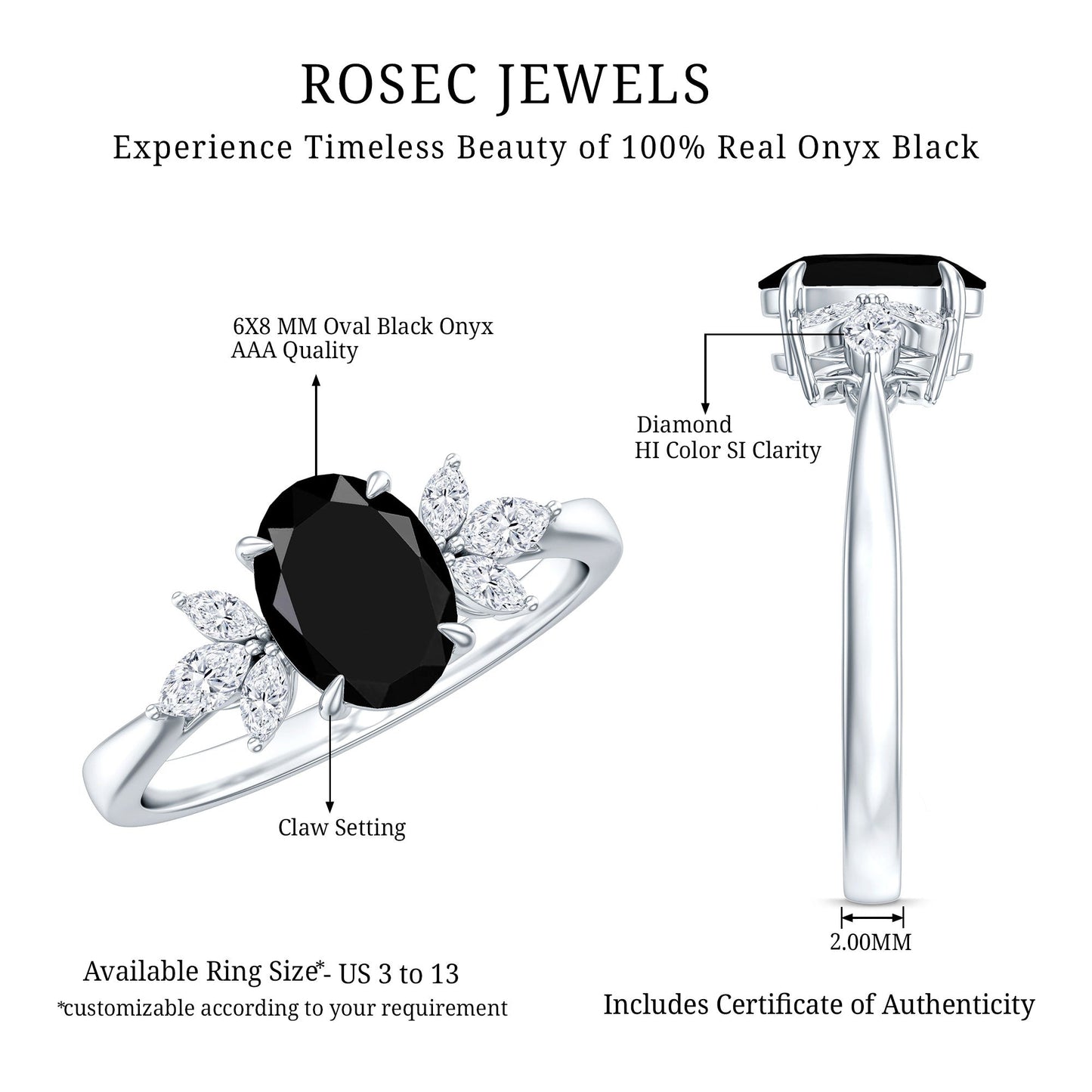 Oval Cut Black Onyx Engagement Ring with Diamond Trio