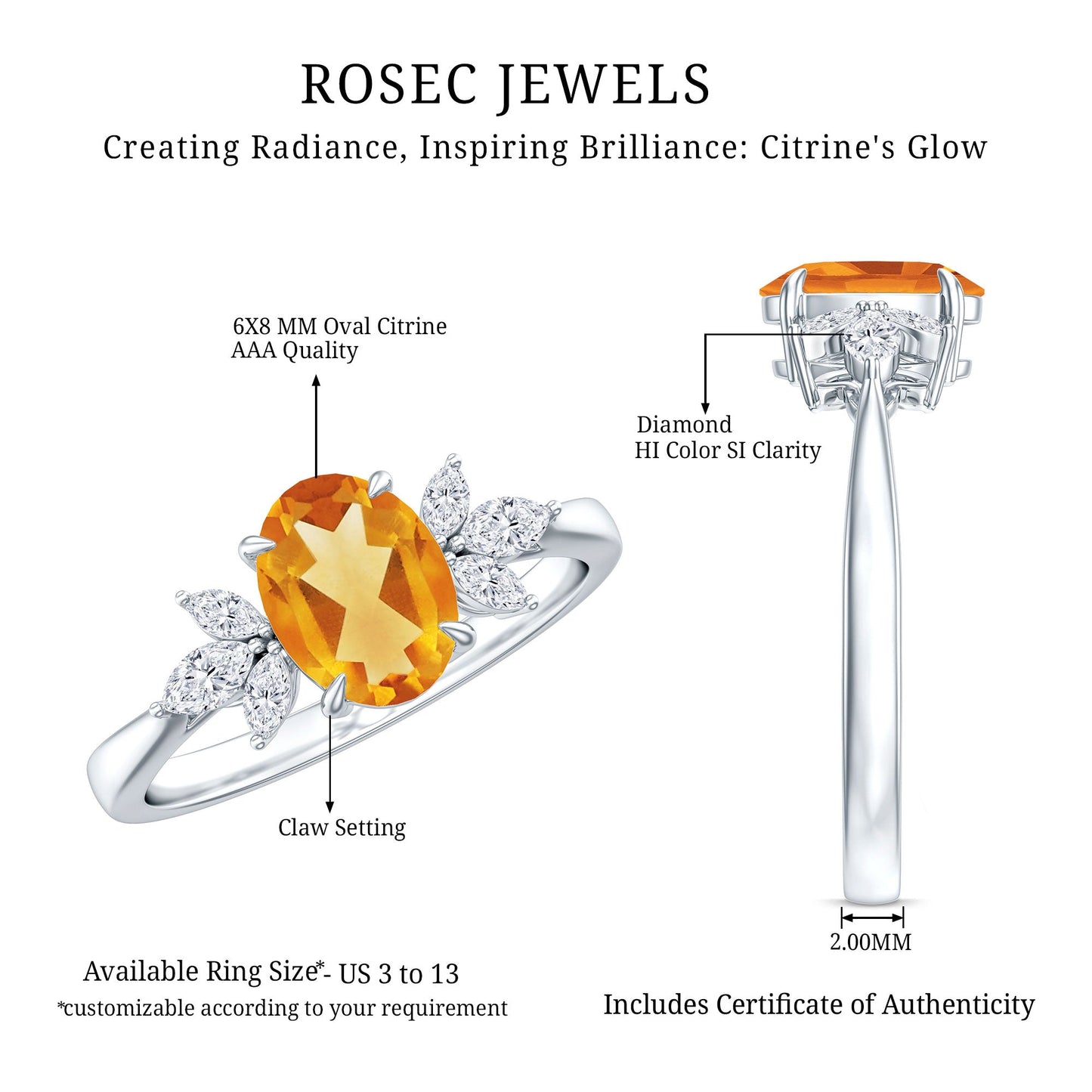 Certified Real 1 Carat Citrine Oval Engagement Ring with Diamond Trio