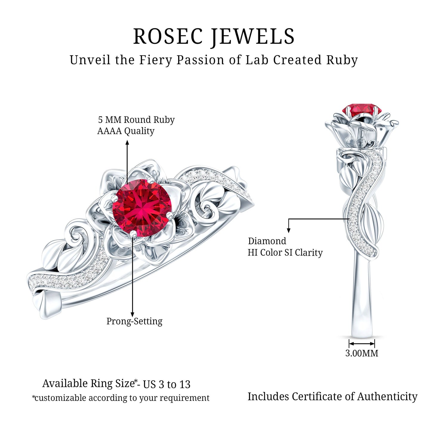 Nature Inspired Engagement Ring with Lab Ruby and Diamonds