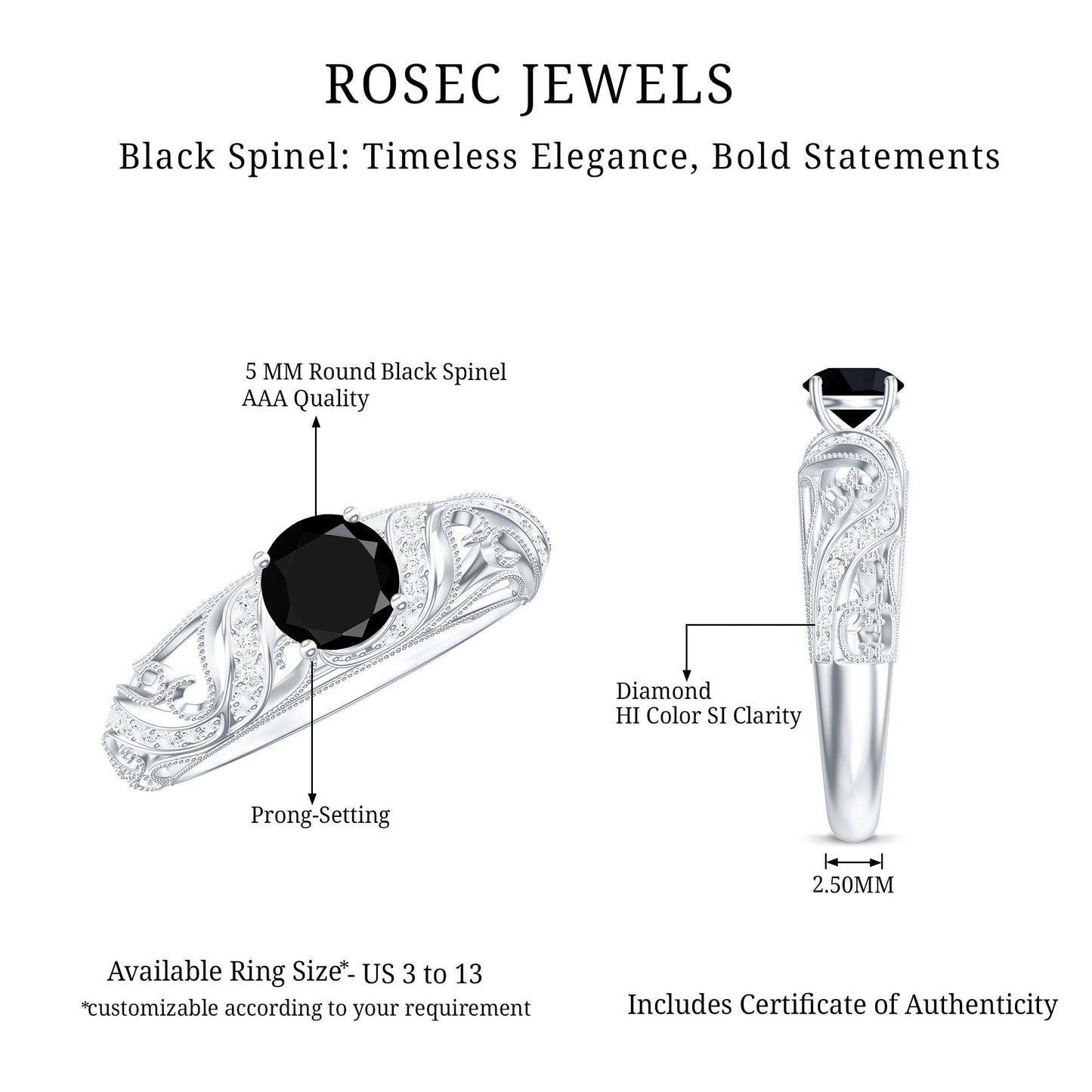 Vintage Looking Black Spinel Engagement Ring with Diamond