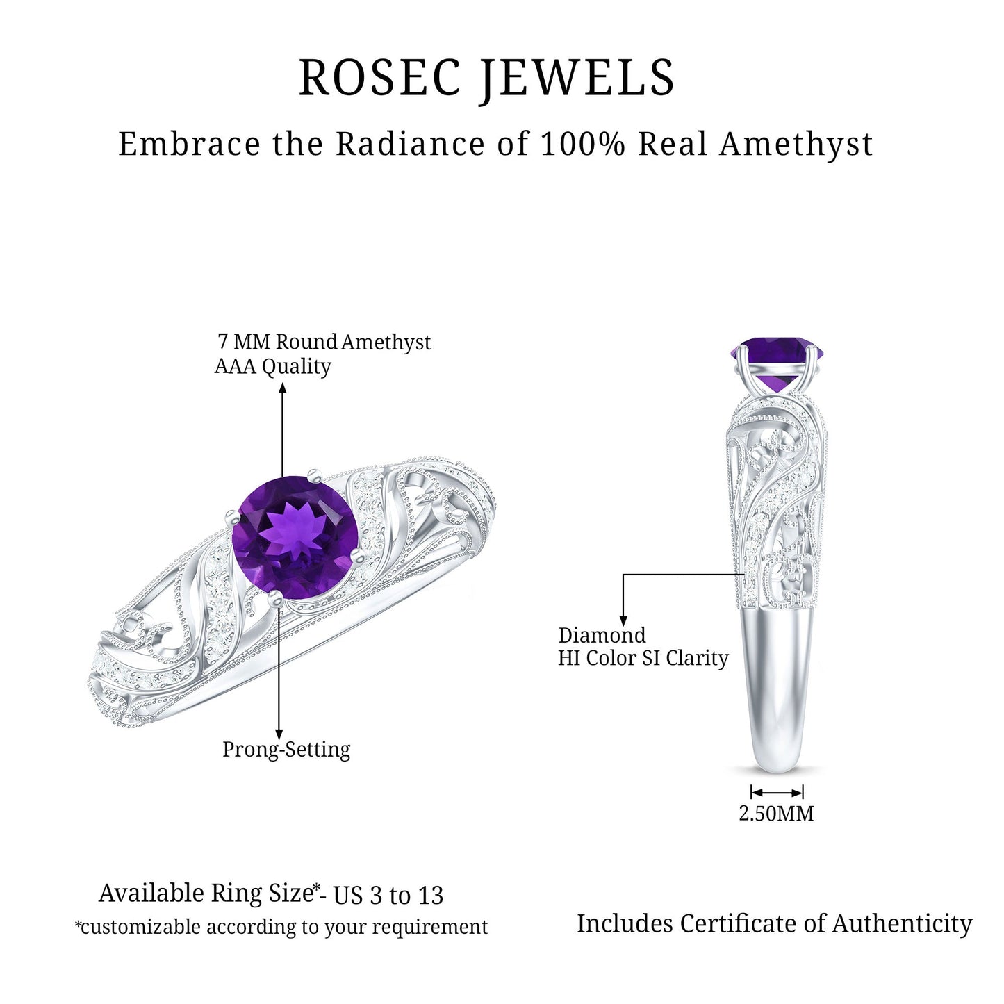 Vintage Inspired 1.2 Carat Amethyst Engagement Ring with Diamond