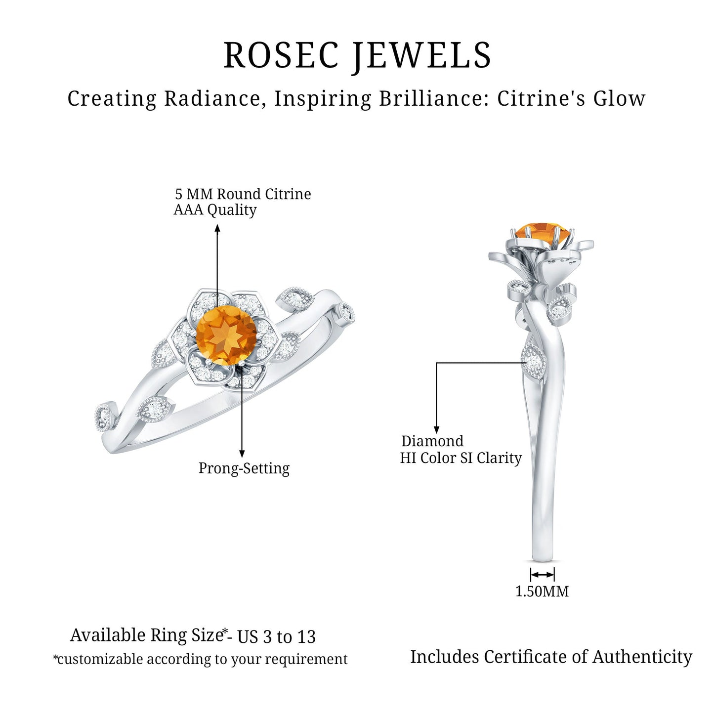 Natural Citrine Flower Engagement Ring with Diamond