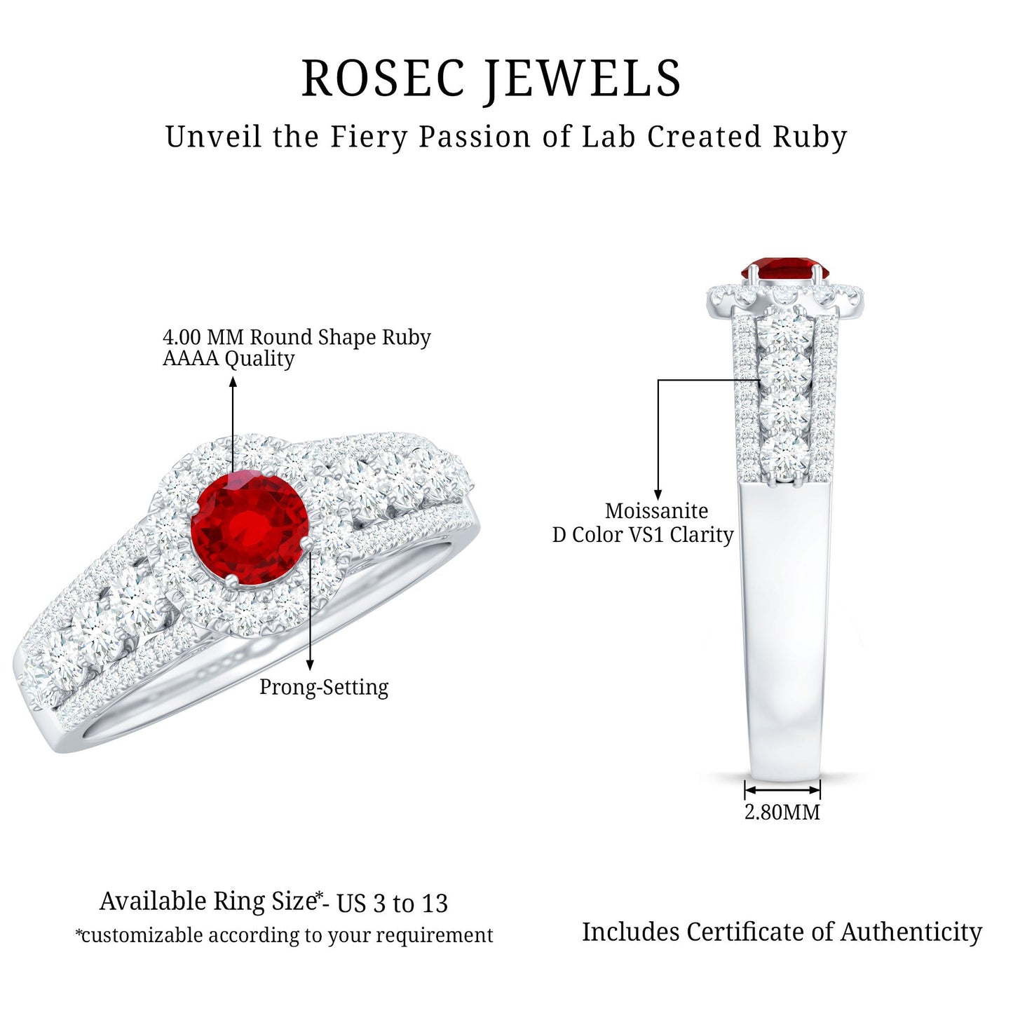 Lab Created Ruby Side Stone Engagement Ring with Moissanite