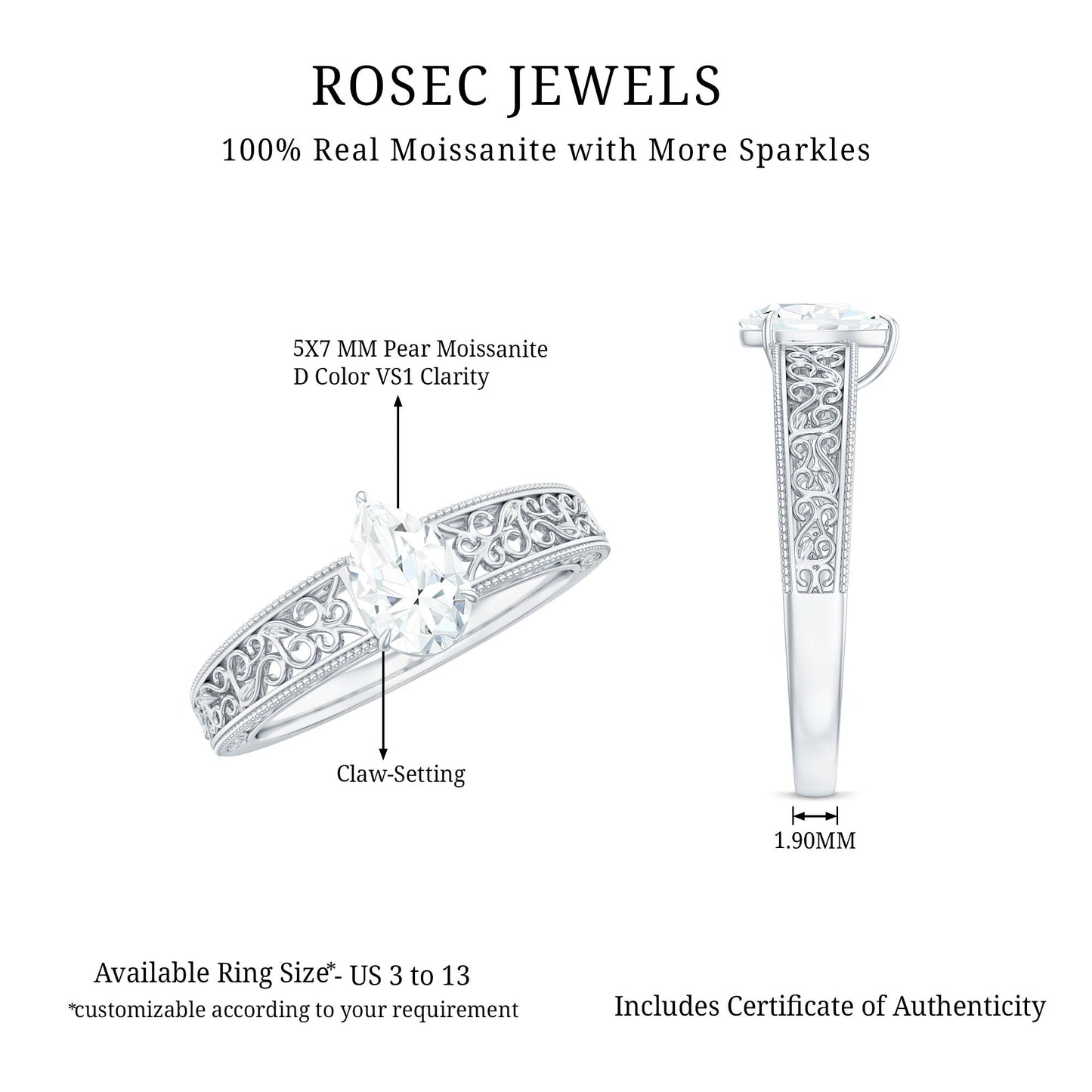 Pear Shaped Solitaire Moissanite Filigree Engagement Ring