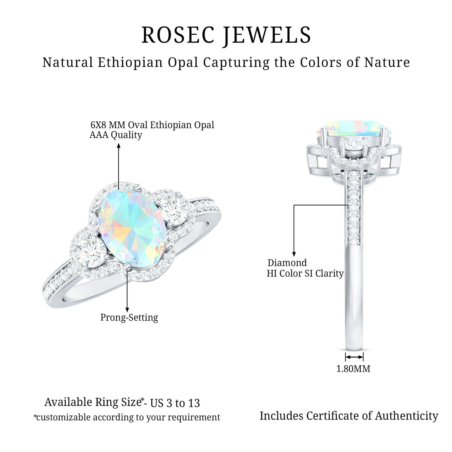 Vintage Inspired Opalescent Oval Engagement Ring with Real Diamond