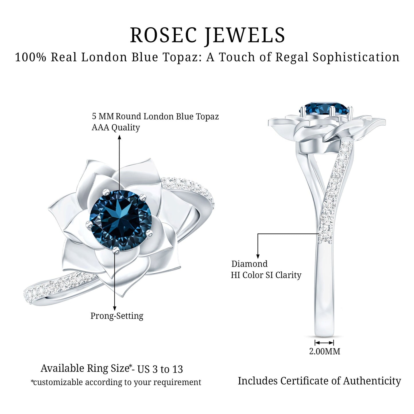Flower Inspired London Blue Topaz Rose Engagement Ring with Diamond