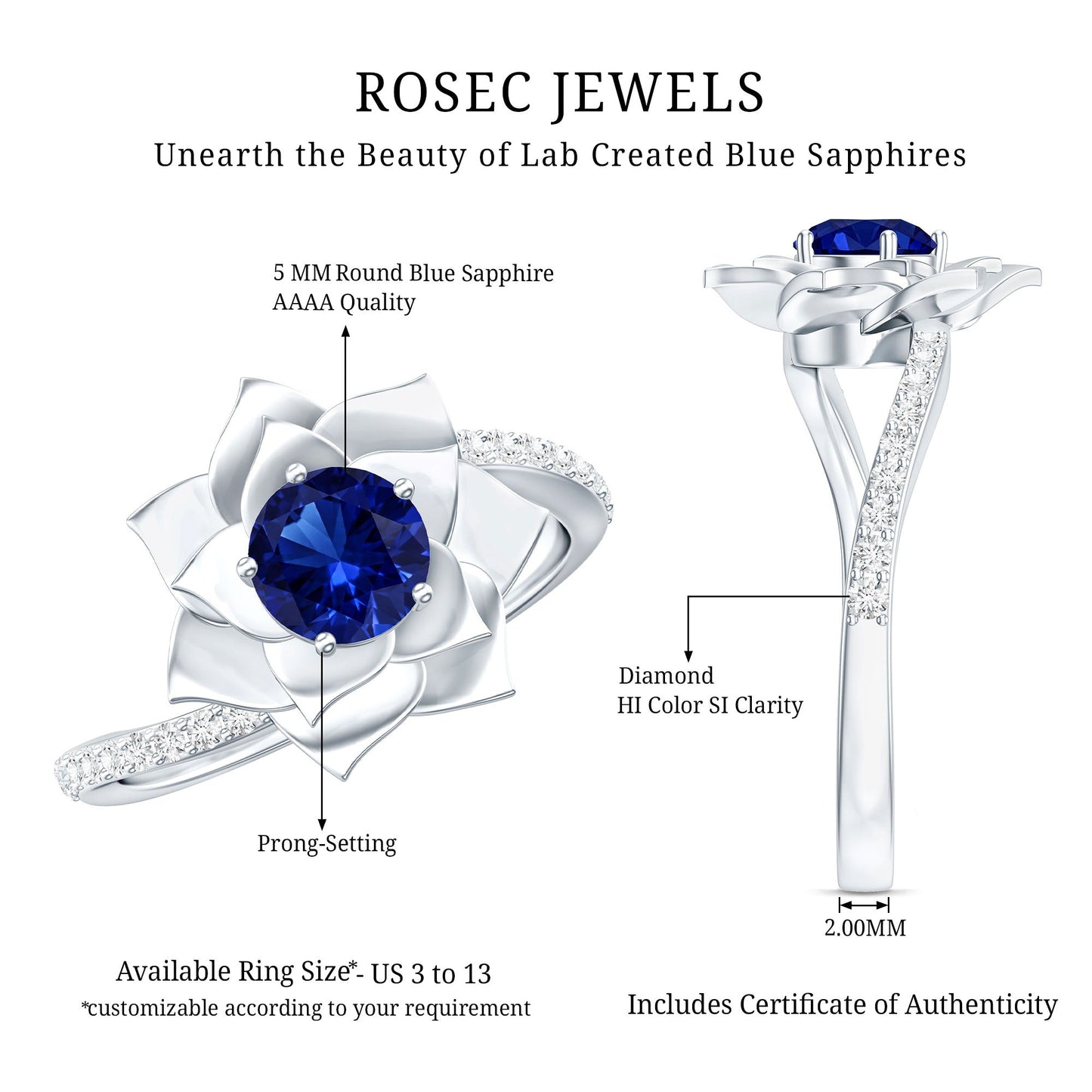 Lab Grown Blue Sapphire and Diamond Flower Bypass Ring