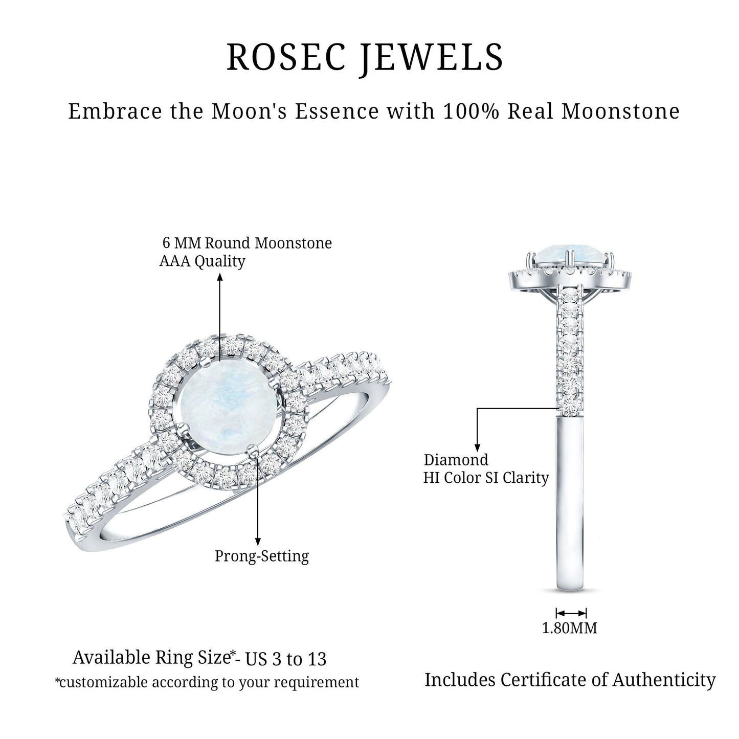 Certified Round Moonstone Halo Engagement Ring With Diamond Accent
