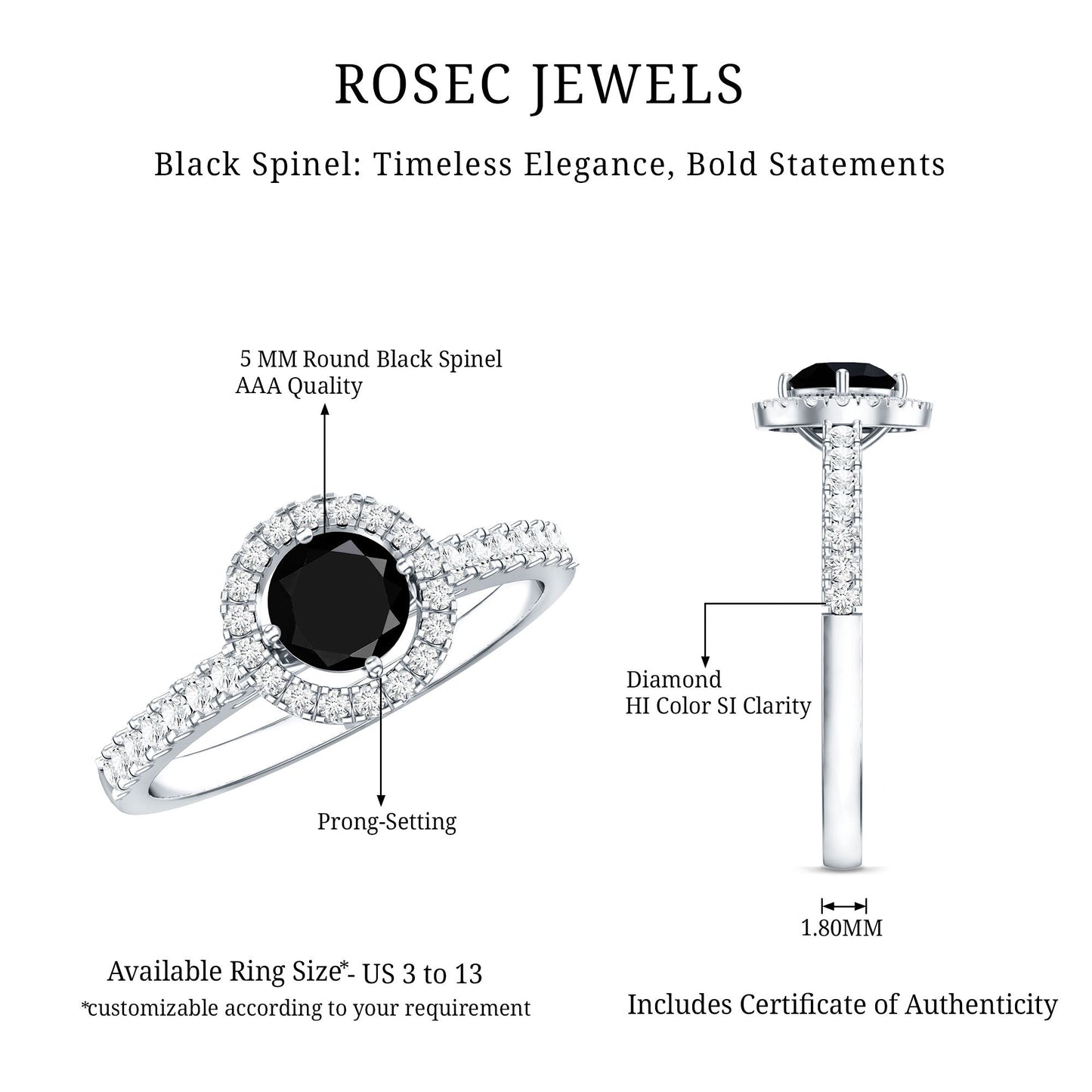 Minimal Black Spinel Minimal Engagement Ring with Diamond Halo