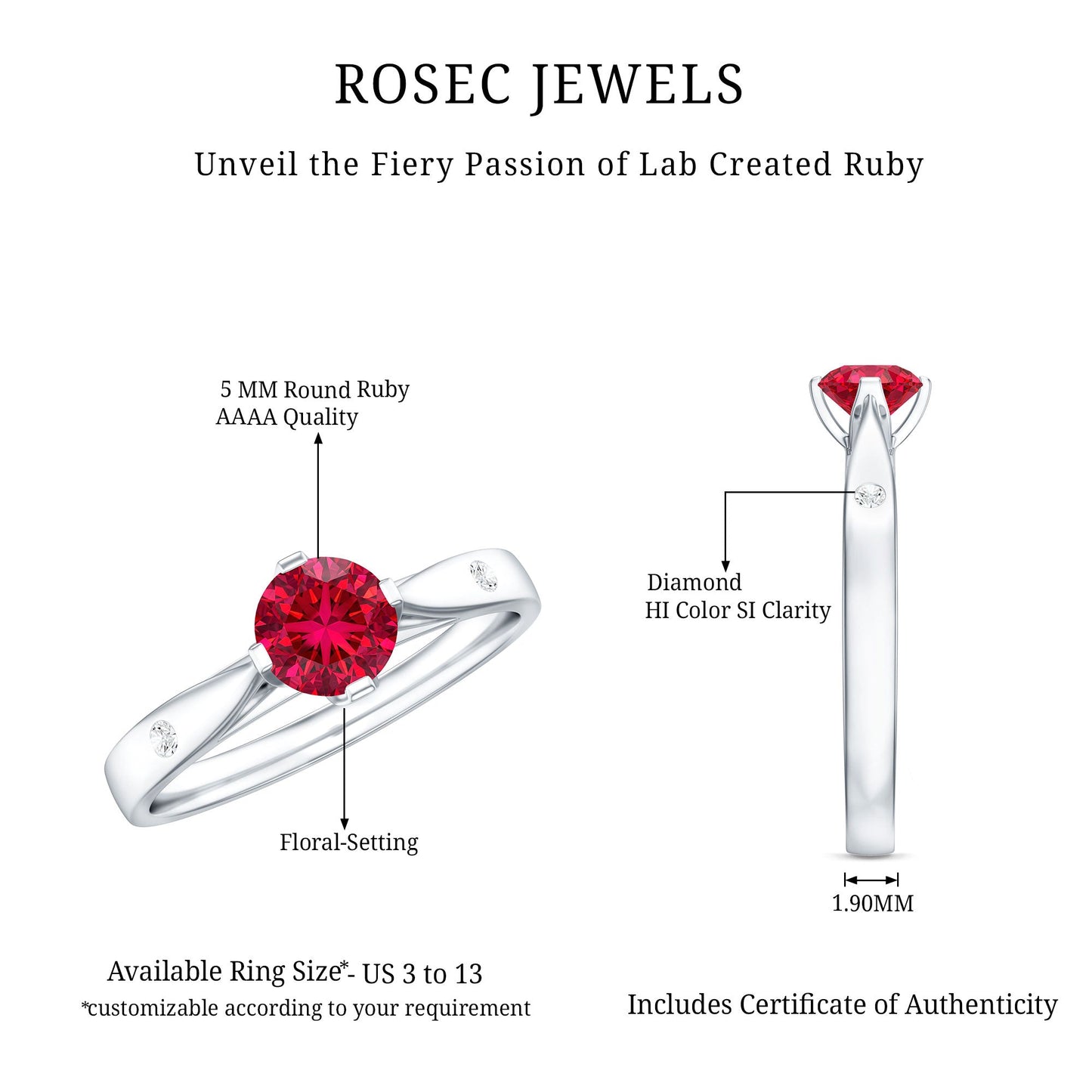 Round Lab Grown Ruby Solitaire Ring with Diamond