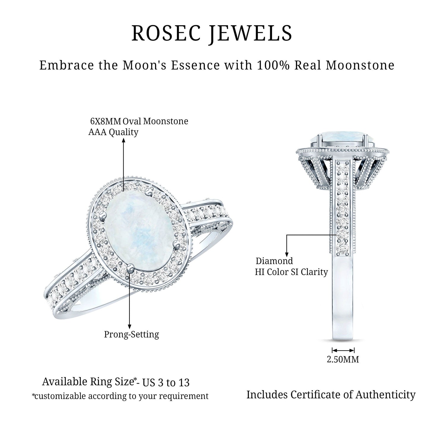 0.6 Carat Moonstone and Diamond Engagement Ring with Milgrain Details
