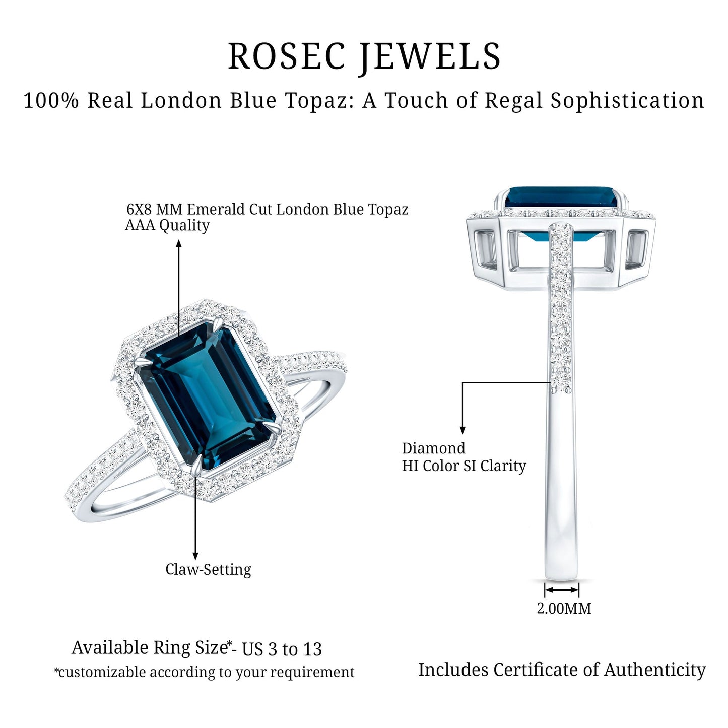 Emerald Cut London Blue Topaz Engagement Ring with Diamond Halo