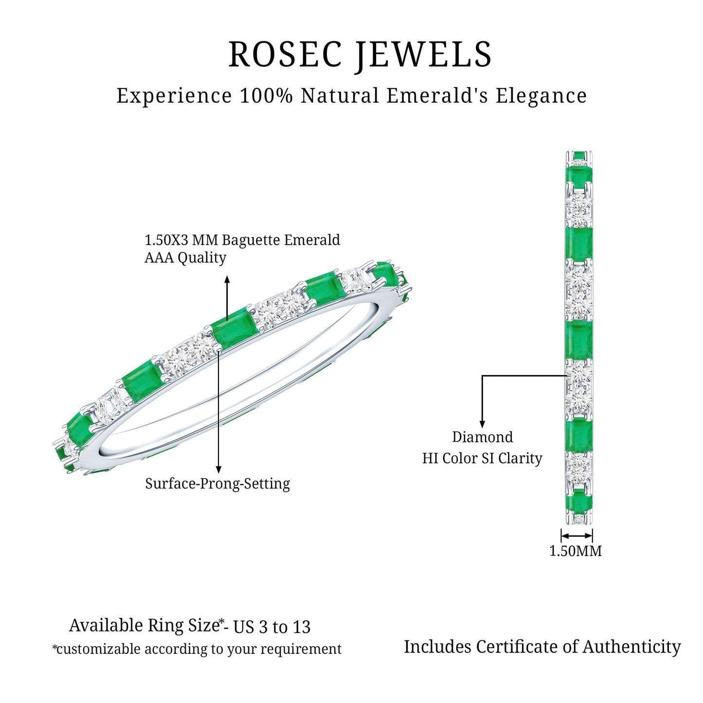 Natural Baguette Emerald Diamond Eternity Ring in East West Style