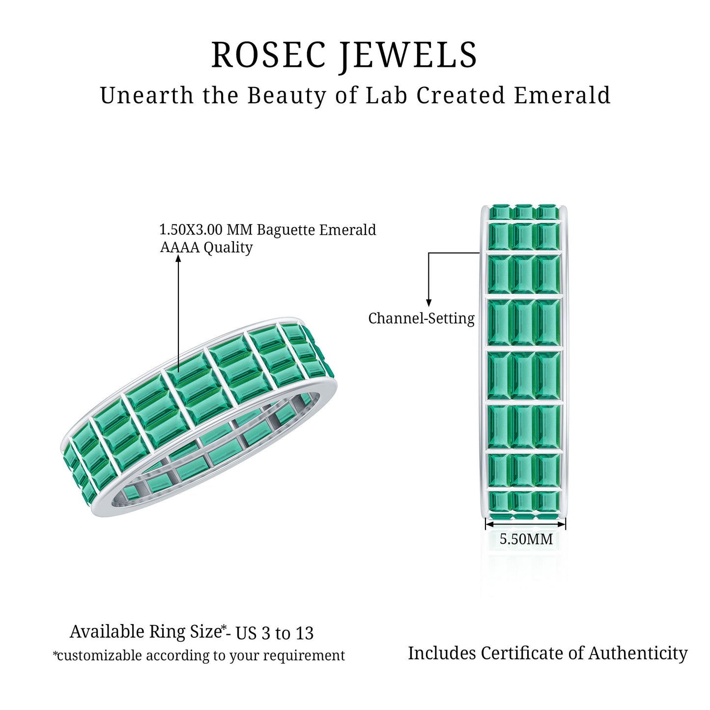 Baguette Cut Lab Grown Emerald 3 Row Eternity Band