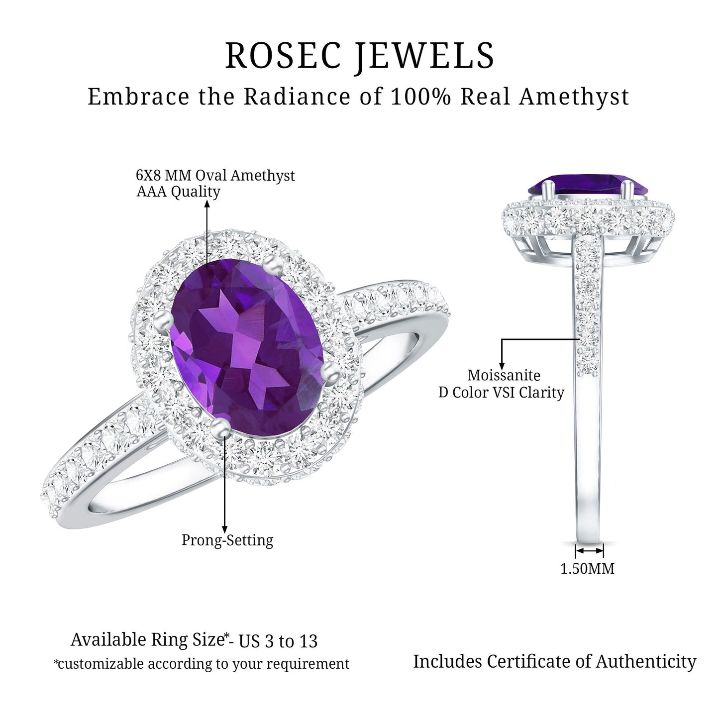 Natural 1 Carat Amethyst Oval Engagement Ring with Moissanite Halo