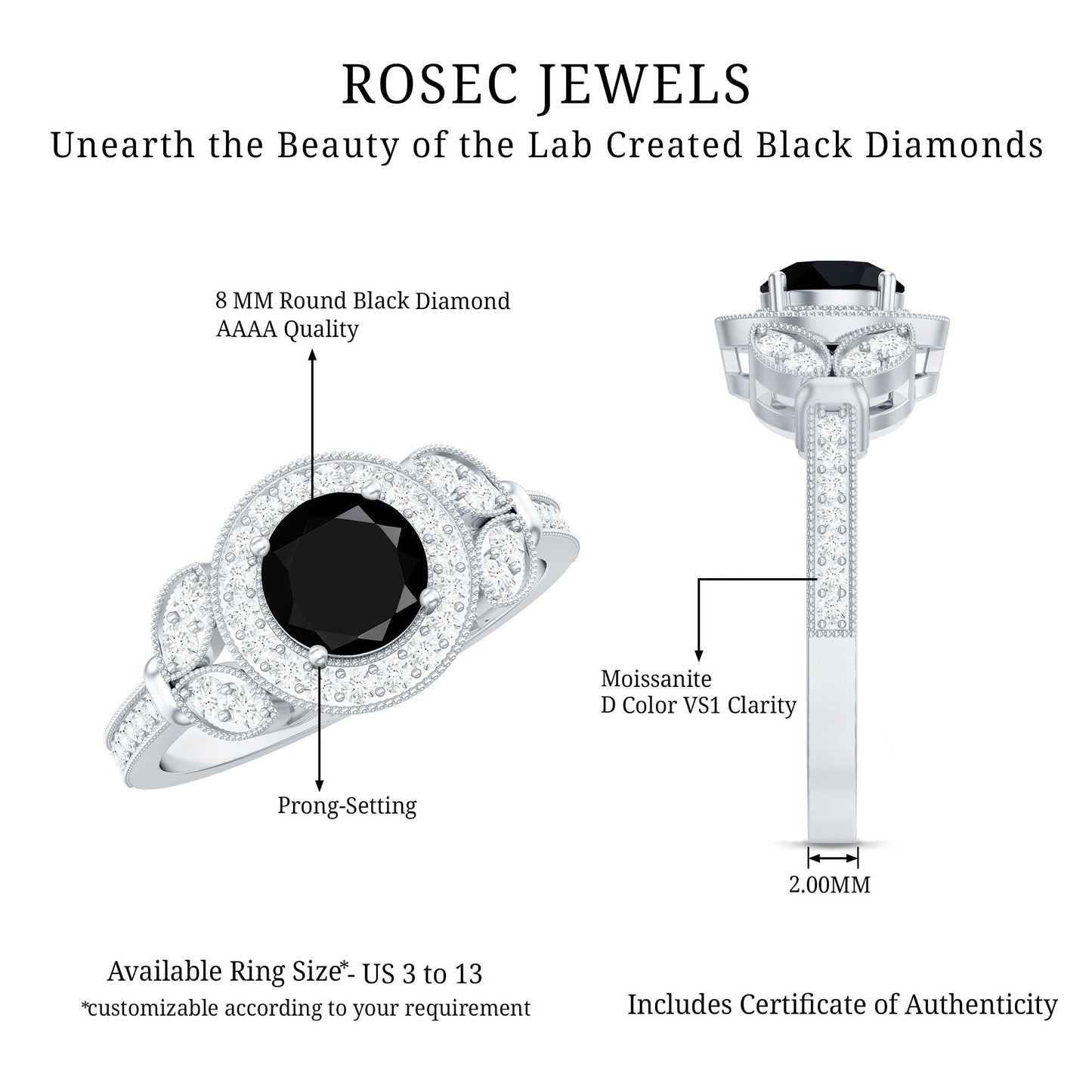 Vintage Style 2 Carat Lab Grown Black Diamond Engagement Ring with Moissanite