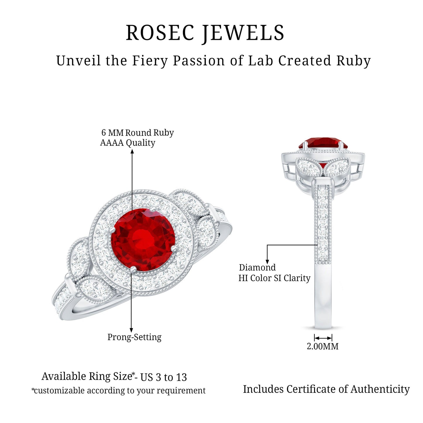 Vintage Inspired Lab Grown Ruby Engagement Ring with Diamond Halo