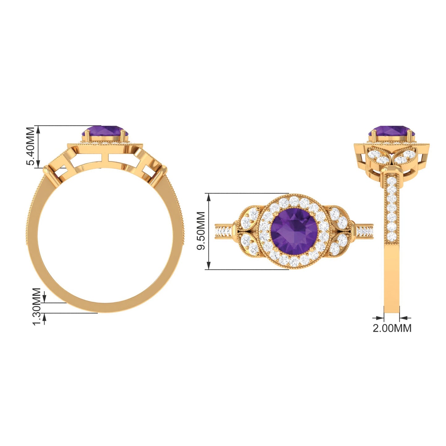 Vintage Looking Amethyst and Diamond Halo Engagement Ring
