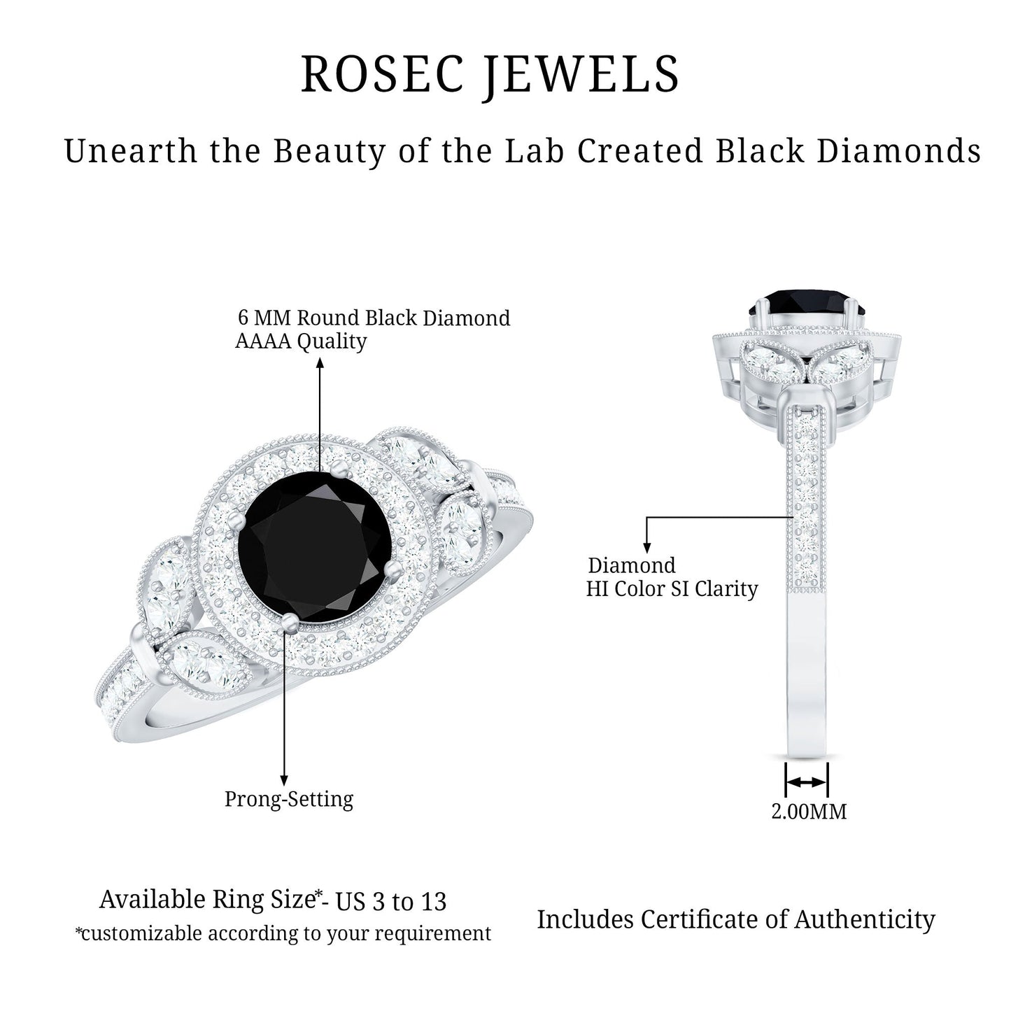 Vintage Looking 1.3 Carat Lab Grown Black Diamond Engagement Ring with White Diamond