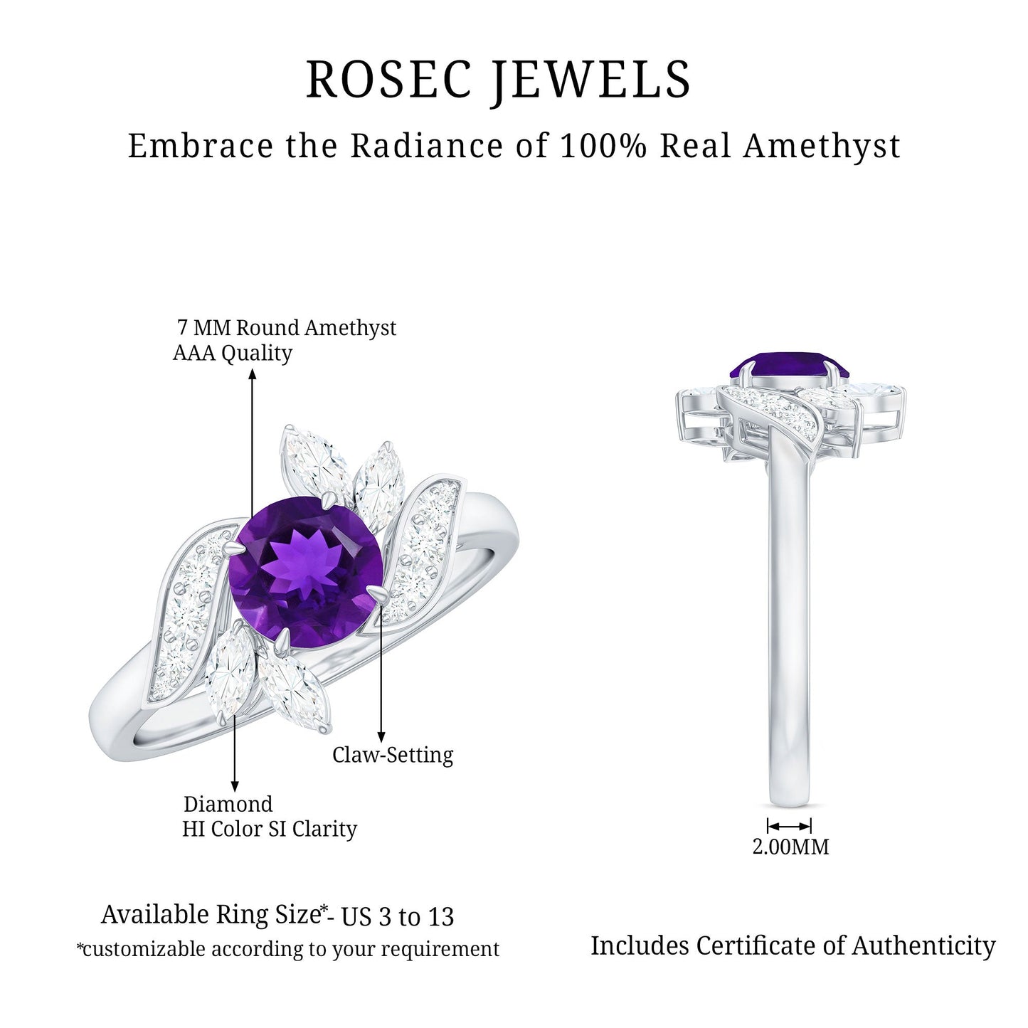 1.2 Carat Nature Inspired Amethyst Engagement Ring with Diamond
