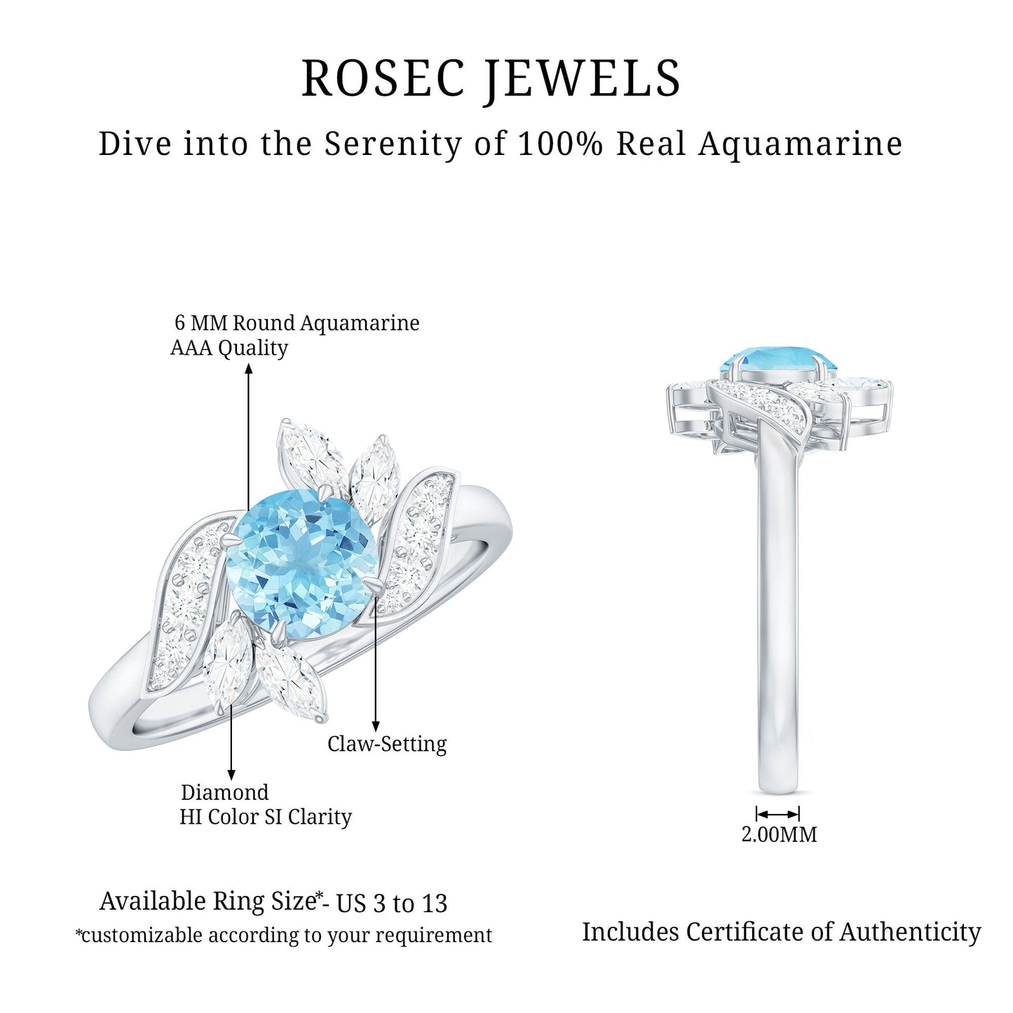 Genuine 0.8 Carat Aquamarine and Diamond Flower Engagement Ring