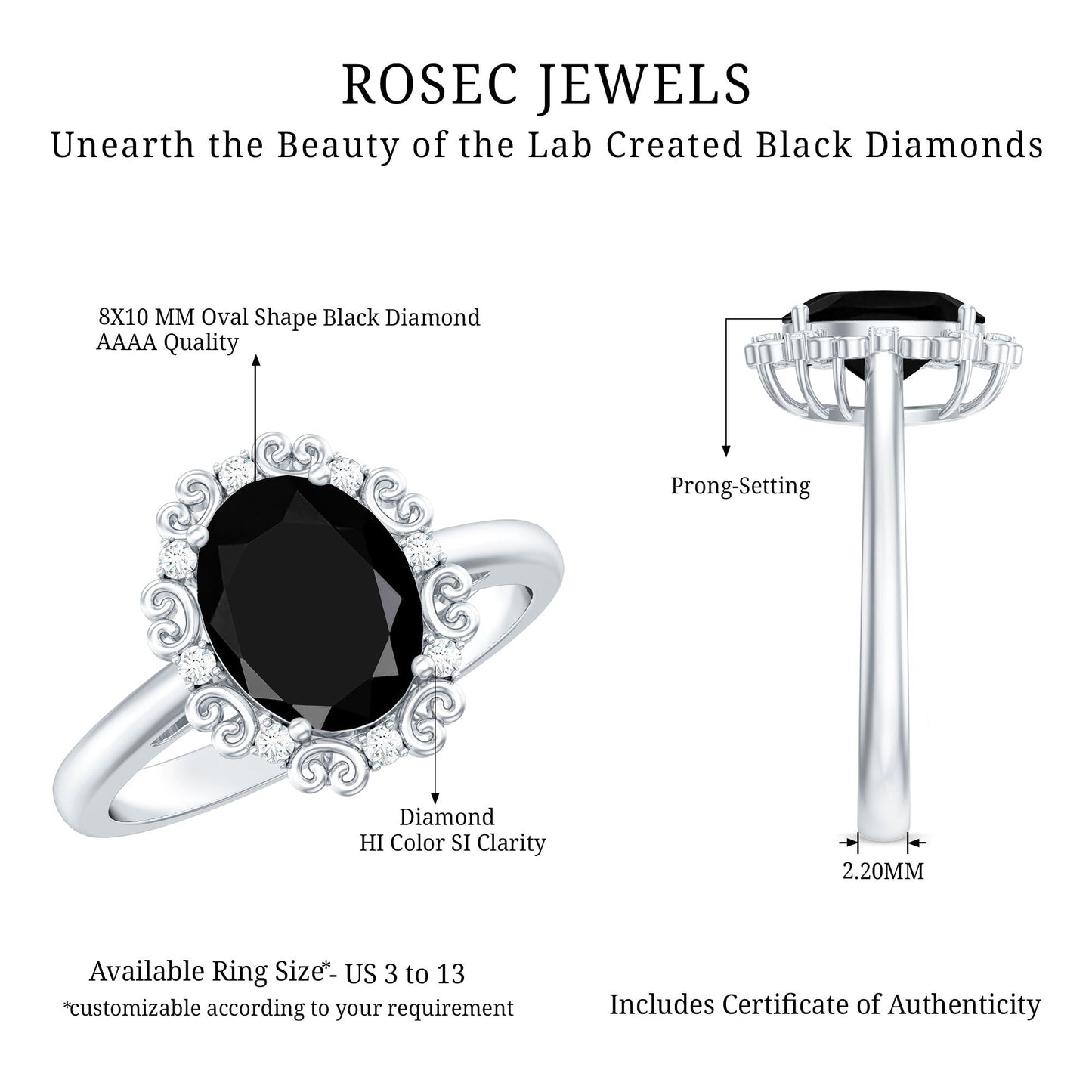 Lab Grown Black Diamond Oval Engagement Ring with Diamond