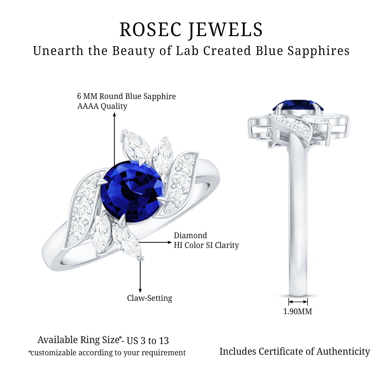Nature Inspired 1 Carat Lab Grown Blue Sapphire Engagement Ring with Diamond