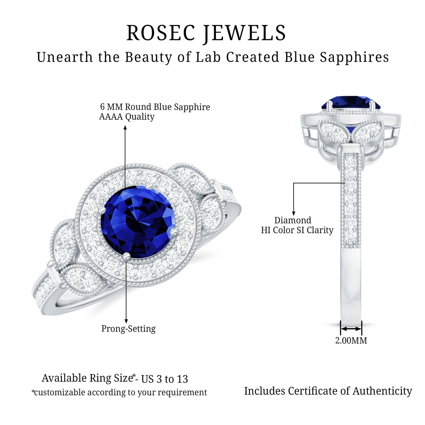 1 Carat Lab Grown Blue Sapphire Engagement Ring with Diamond Floral Halo