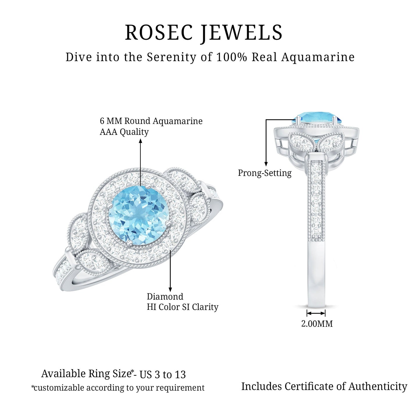 Vintage Inspired Real Aquamarine Engagement Ring with Diamond Halo