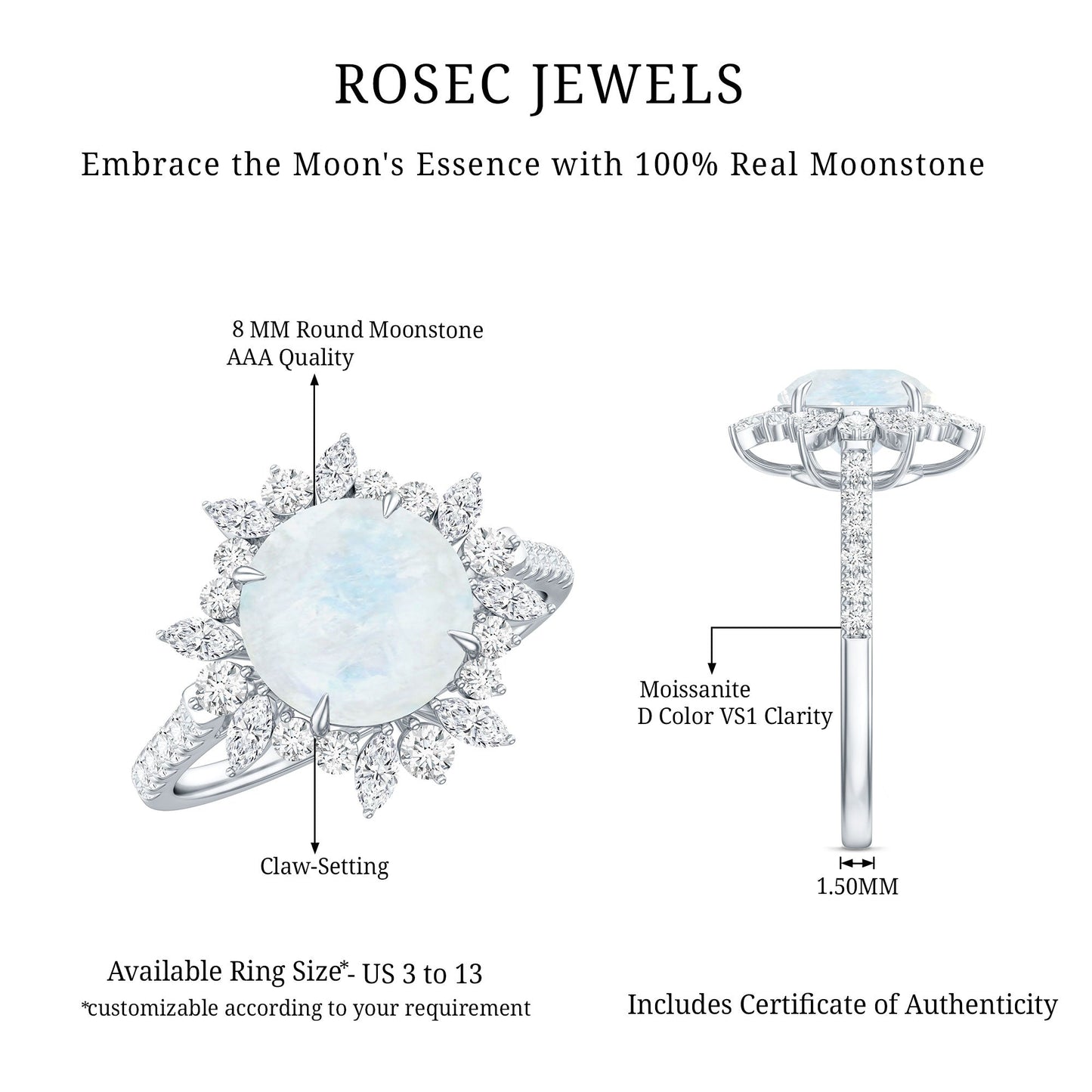 Round Moonstone Statement Ring with Moissanite Floral Halo