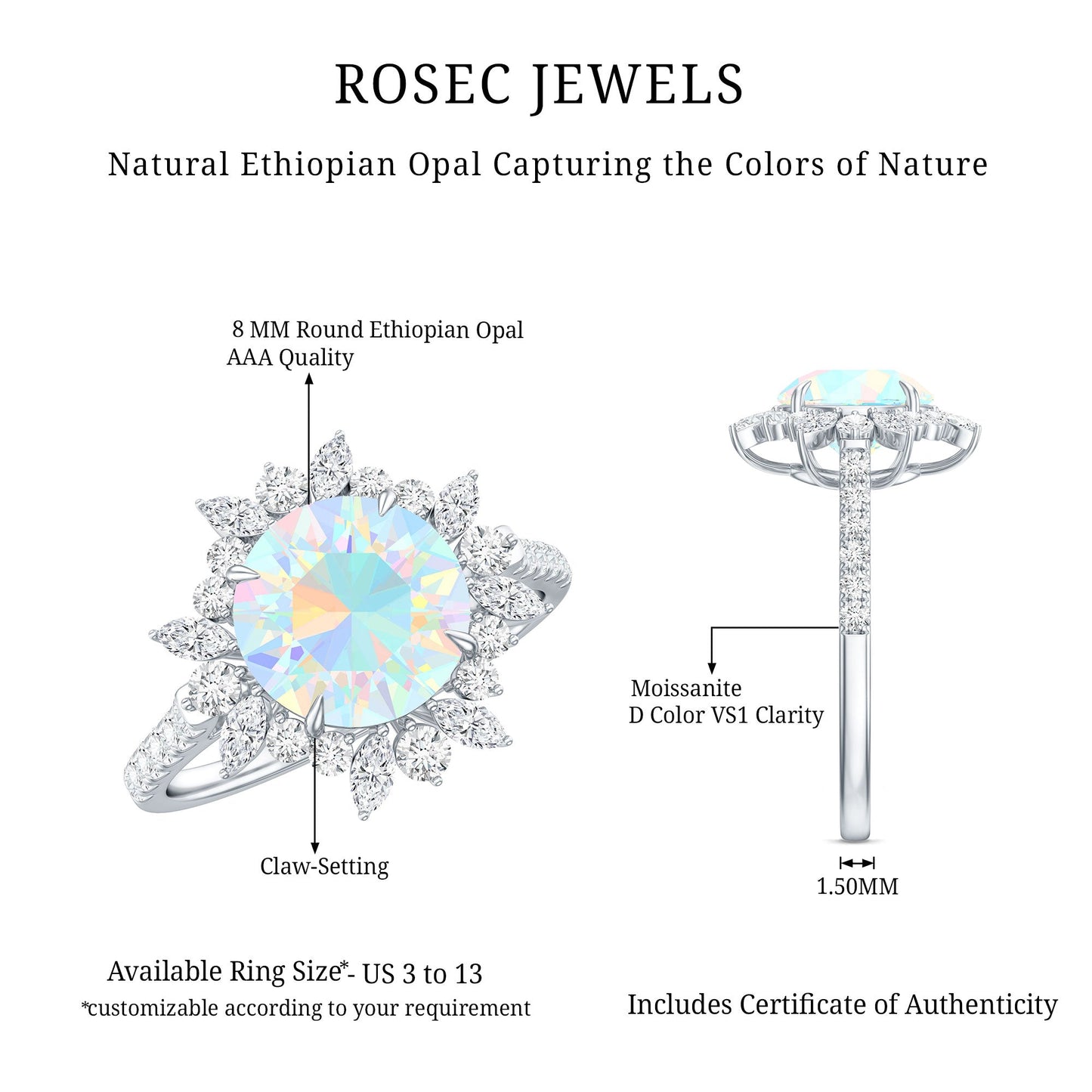 Natural 2 Carat Opalescent Halo Engagement Ring with Moissanite