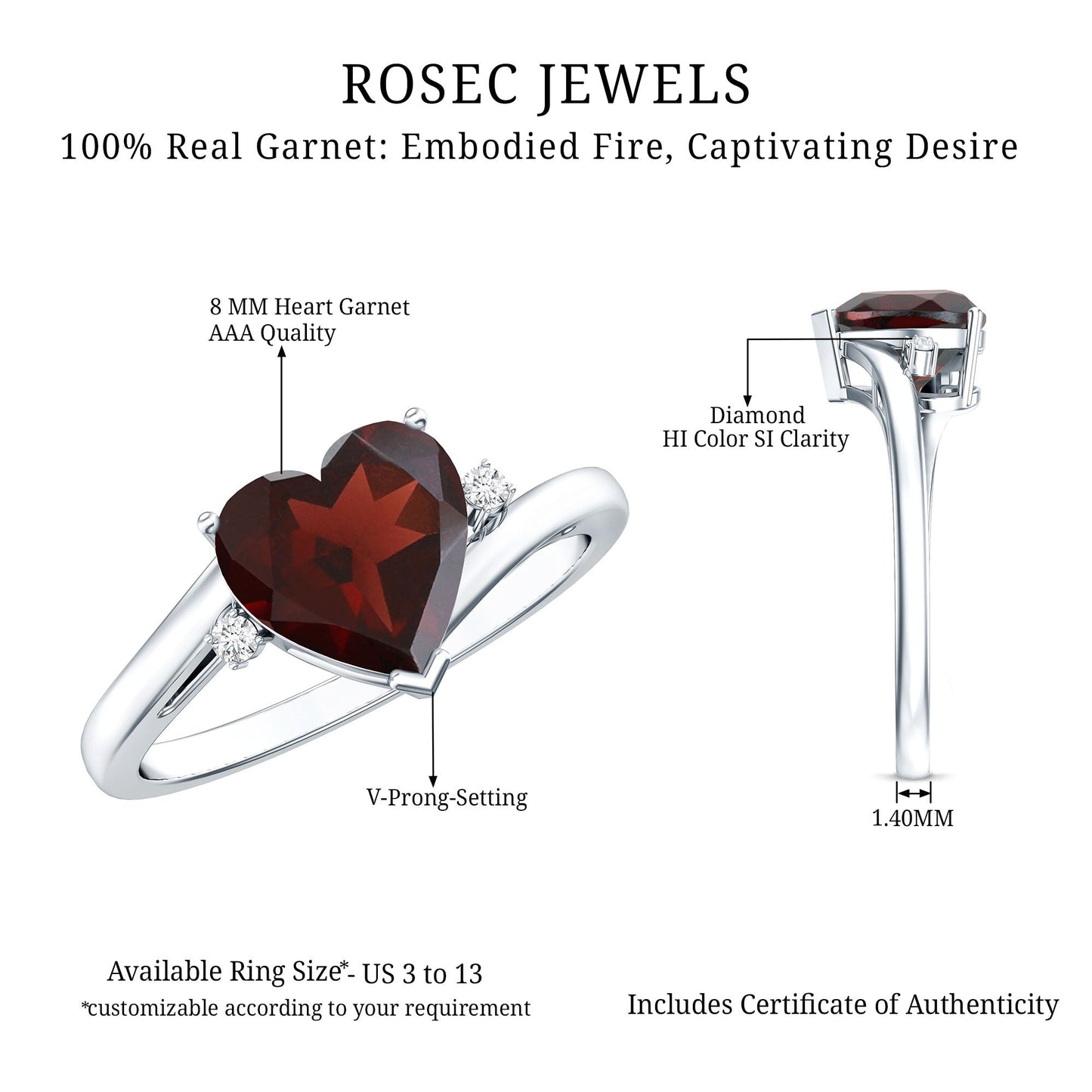 Genuine 4 Carat Garnet Heart Shaped Engagement Ring with Diamond