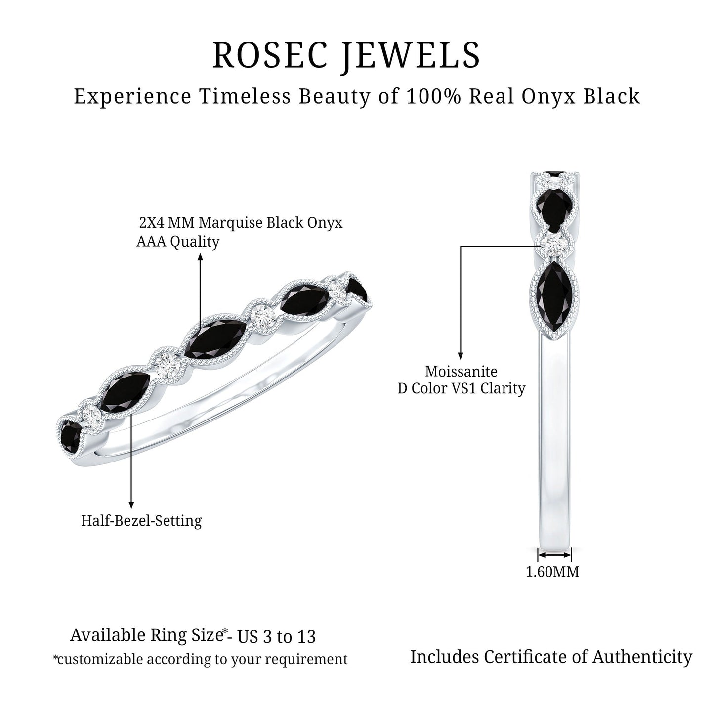 Certified Black Onyx Half Eternity Ring with Moissanite