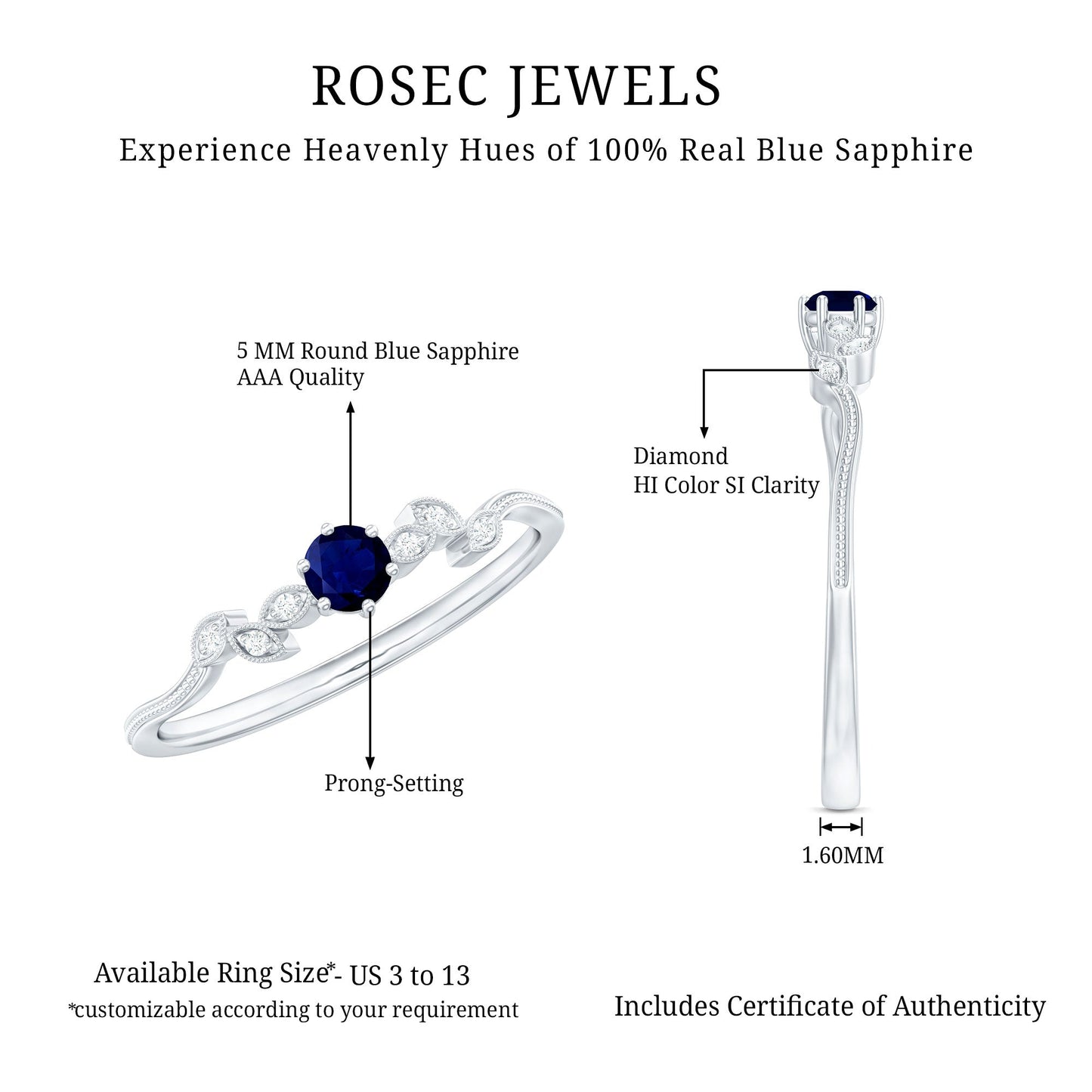Real Blue Sapphire and Diamond Leaf Inspired Promise Ring