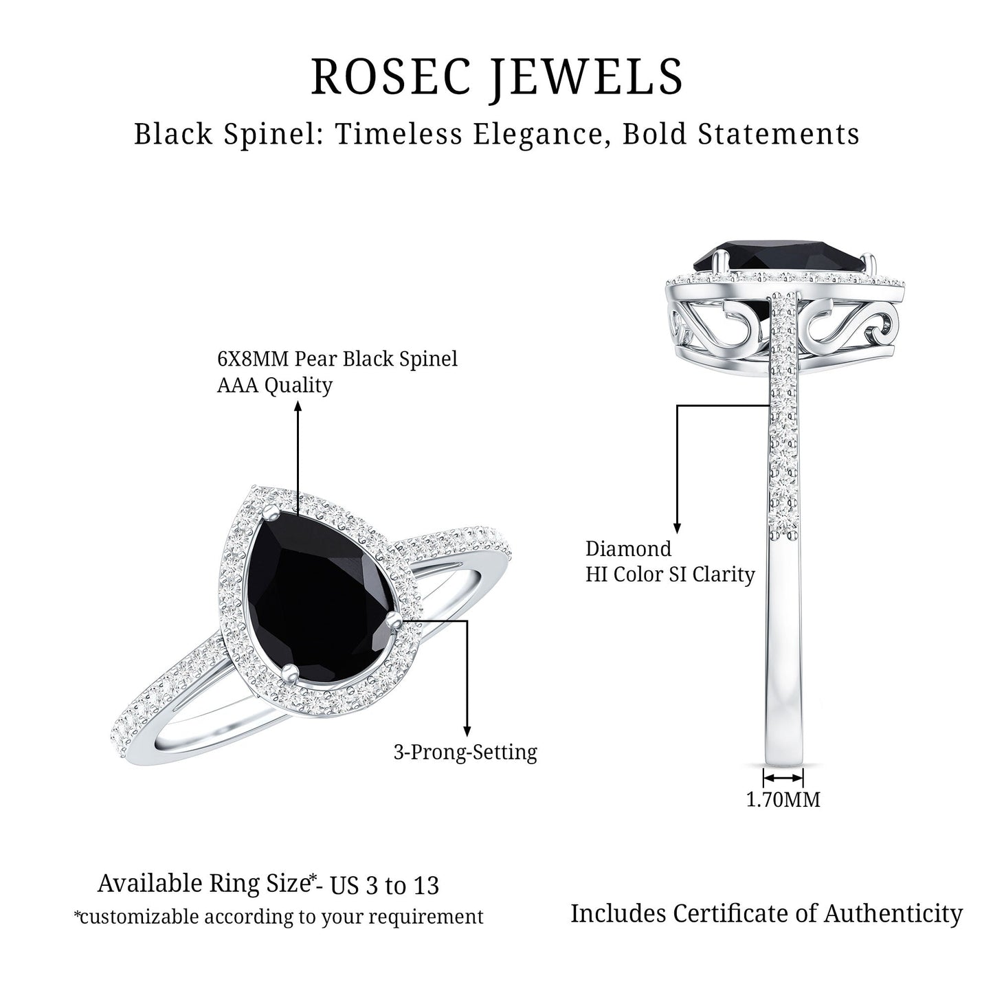 Natural Black Spinel Teardrop Engagement Ring with Diamond Halo