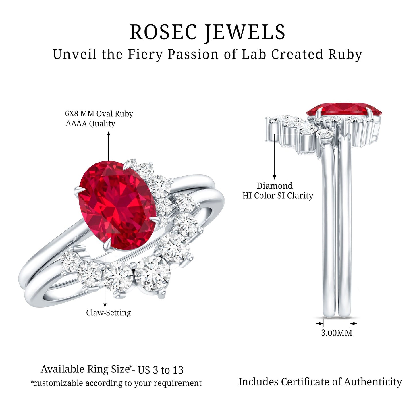Oval Created Ruby Solitaire Wedding Ring Set with Diamond