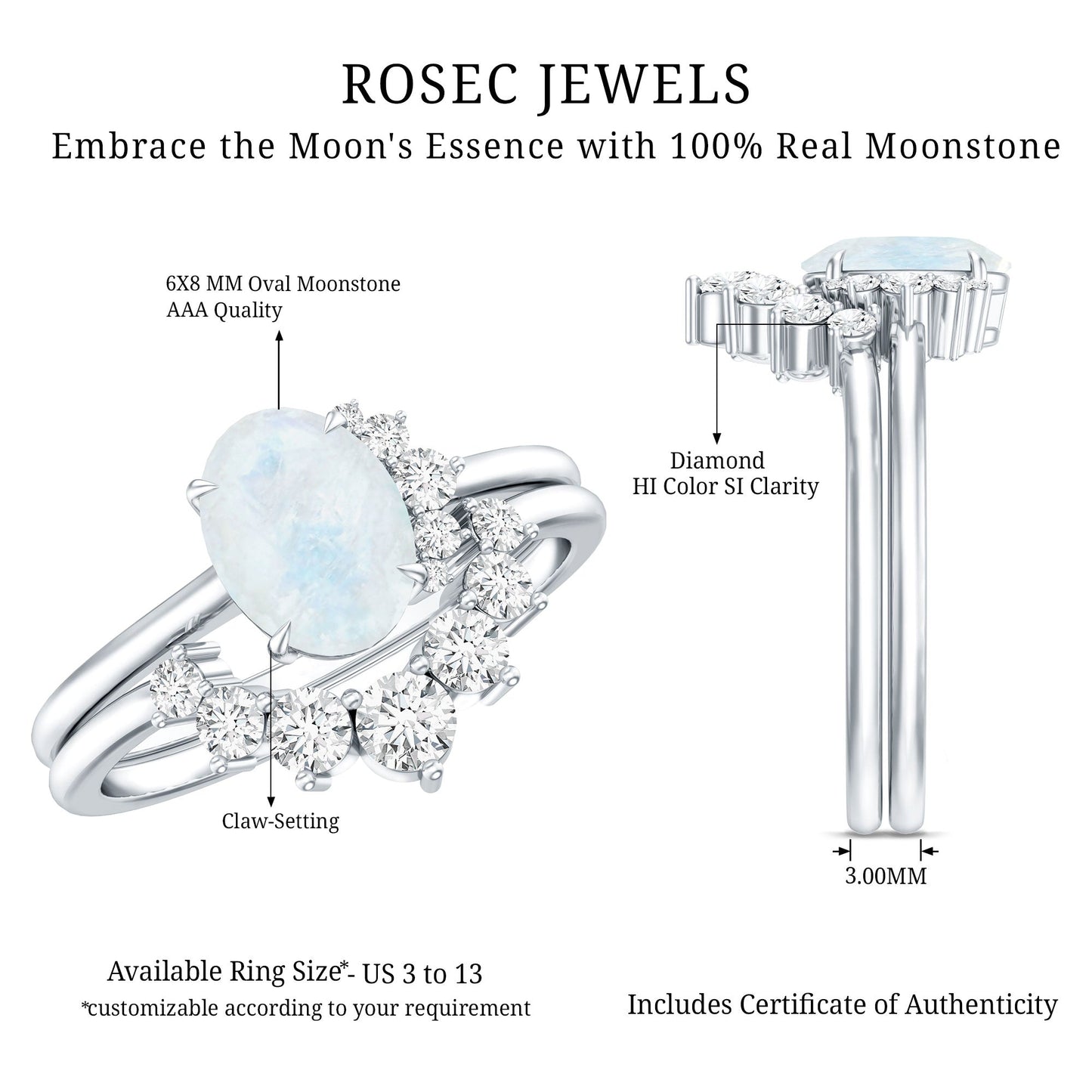 0.6 Carat Oval Moonstone and Diamond Engagement Ring Set