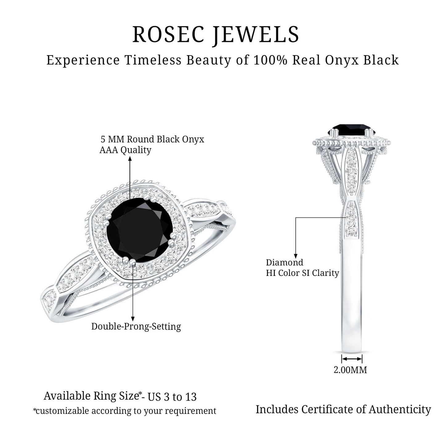 0.4 Carat Round Shape Black Onyx Vintage Engagement Ring with Diamond Halo