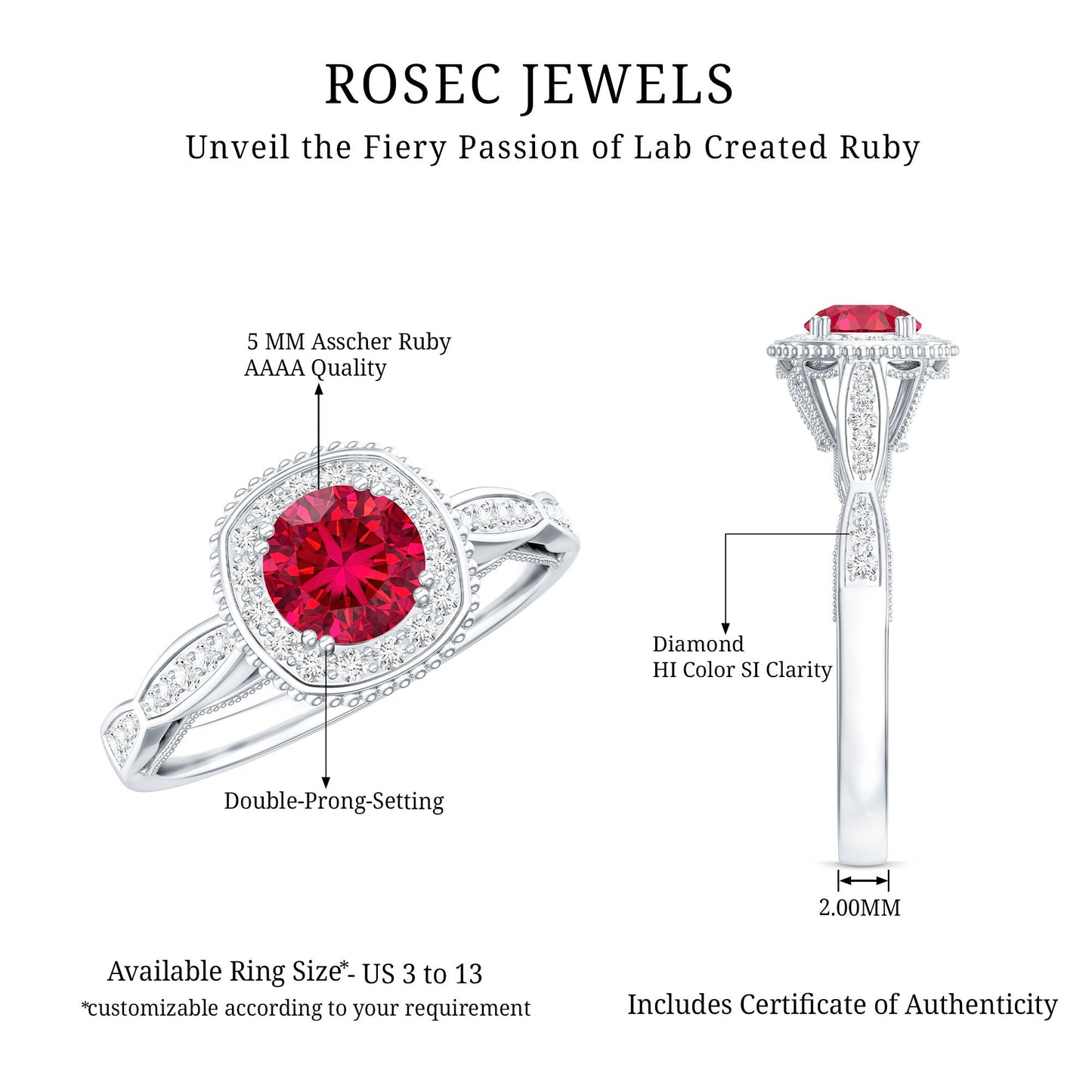 Vintage Inspired Round Created Ruby Engagement Ring with Diamond Halo