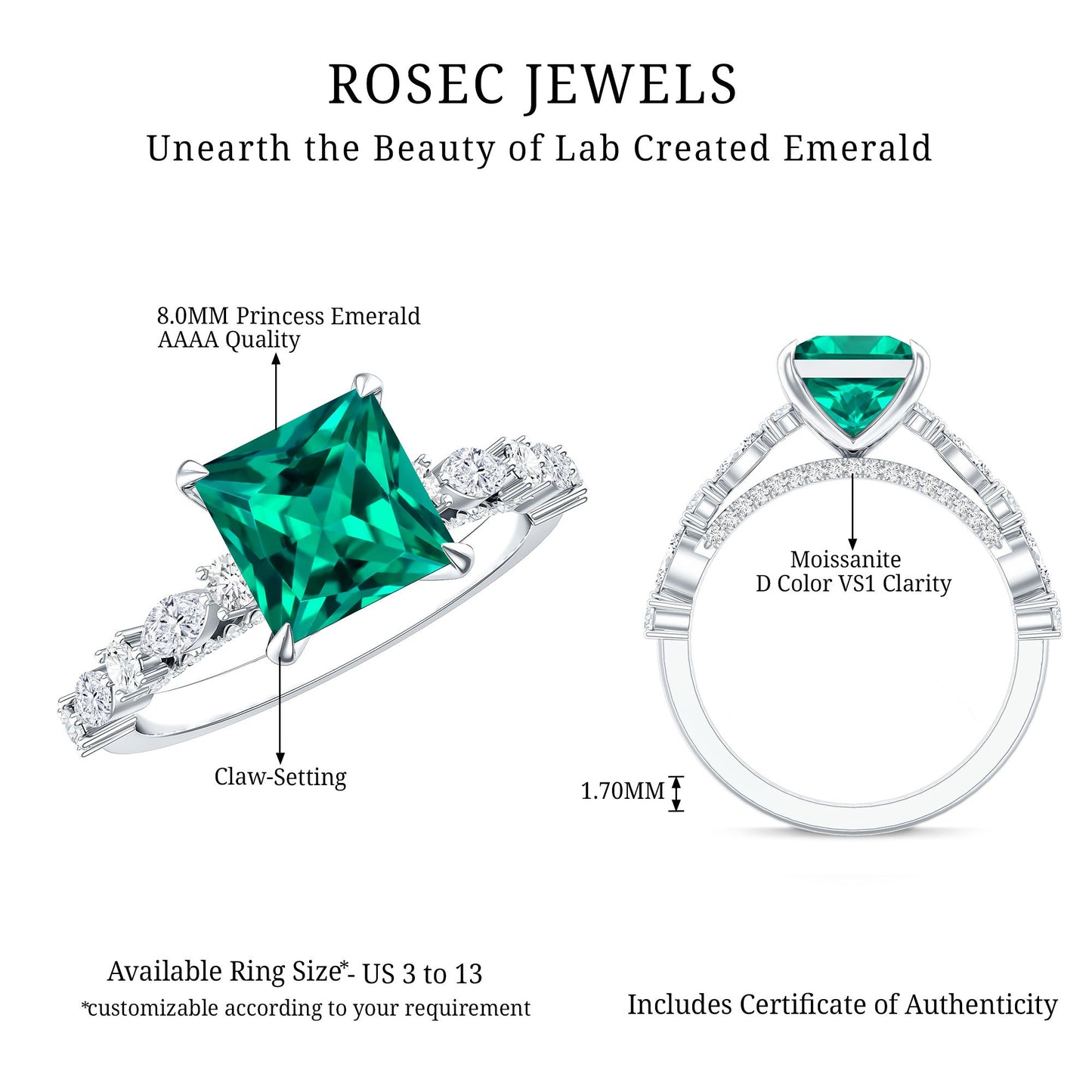 2.4 Carat Solitaire Lab Emerald Princess Cut Engagement Ring with Moissanite