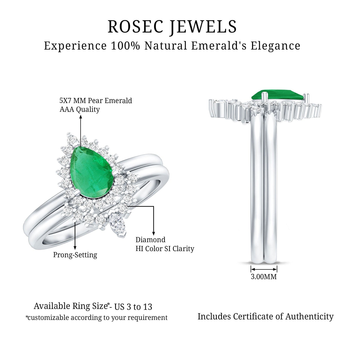 Natural Emerald Diamond Pear Shape Engagement Ring and Wedding Band Set