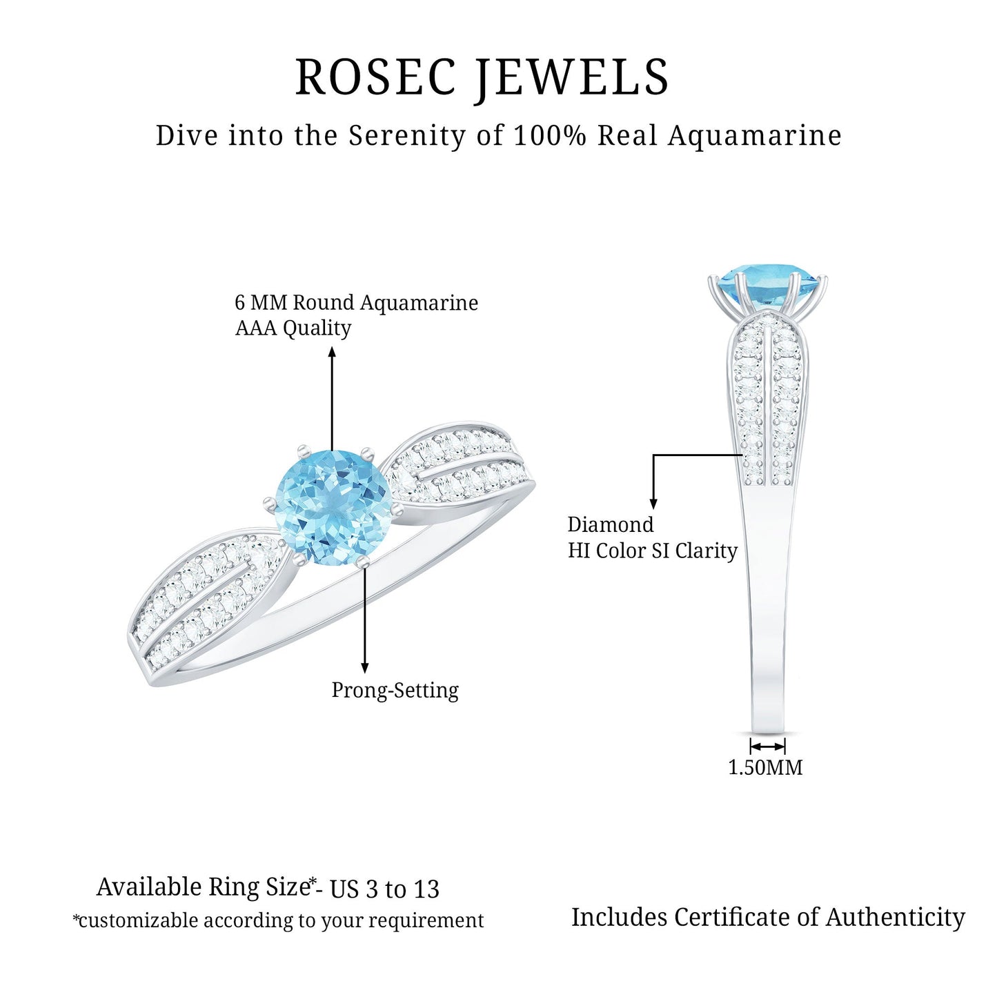 Real Aquamarine Elegant Engagement Ring with Diamond Side Stones