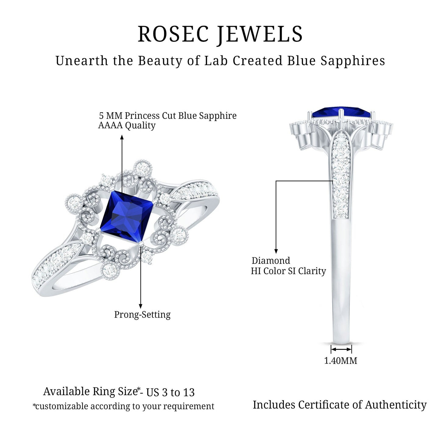 Vintage Inspired Lab Grown Blue Sapphire Engagement Ring with Diamond