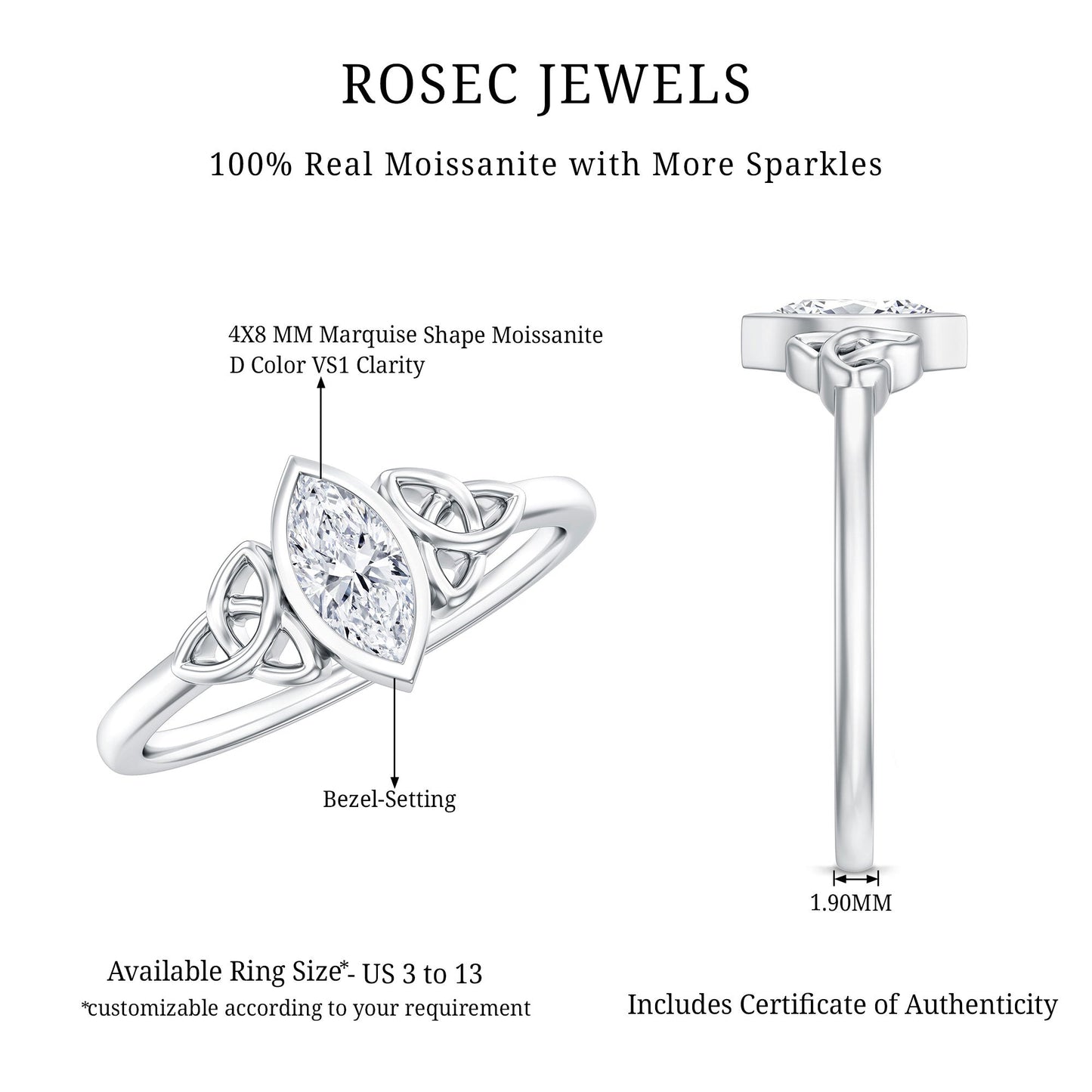Marquise Cut Moissanite Solitaire Celtic Knot Ring in Bezel Setting