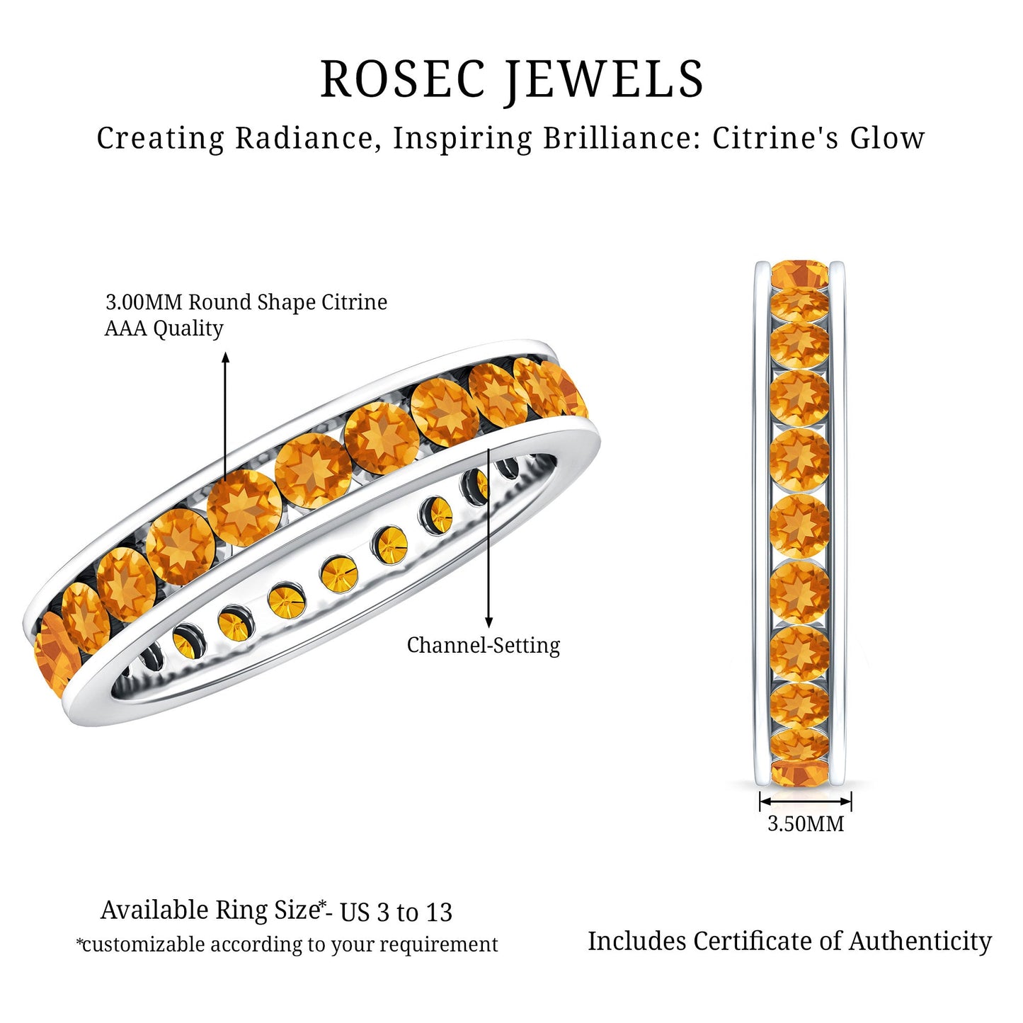 Natural Citrine Channel Set Eternity Ring for Anniversary